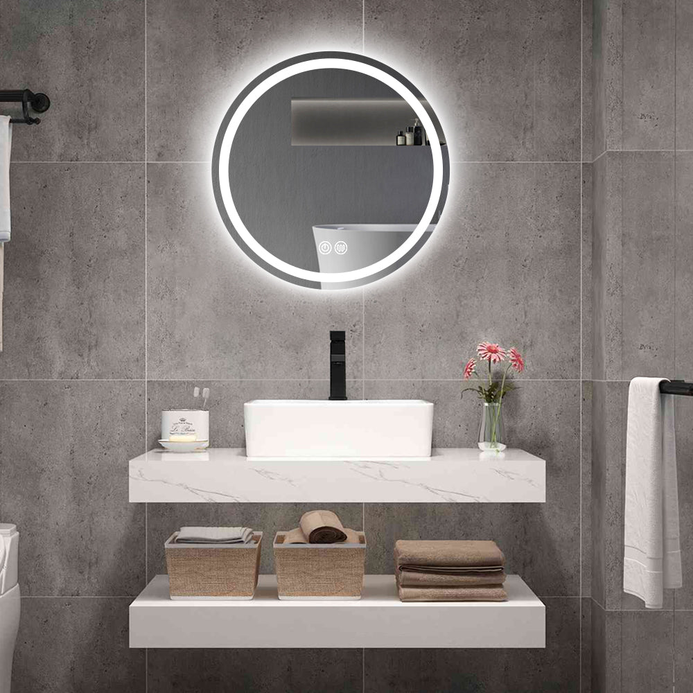 24In. H Led Single Bathroom Vanity Mirror Polished Crystal Bathroom Round Vanity Mirror For Smart Lighting On Bathroom Walls Transparent Glass