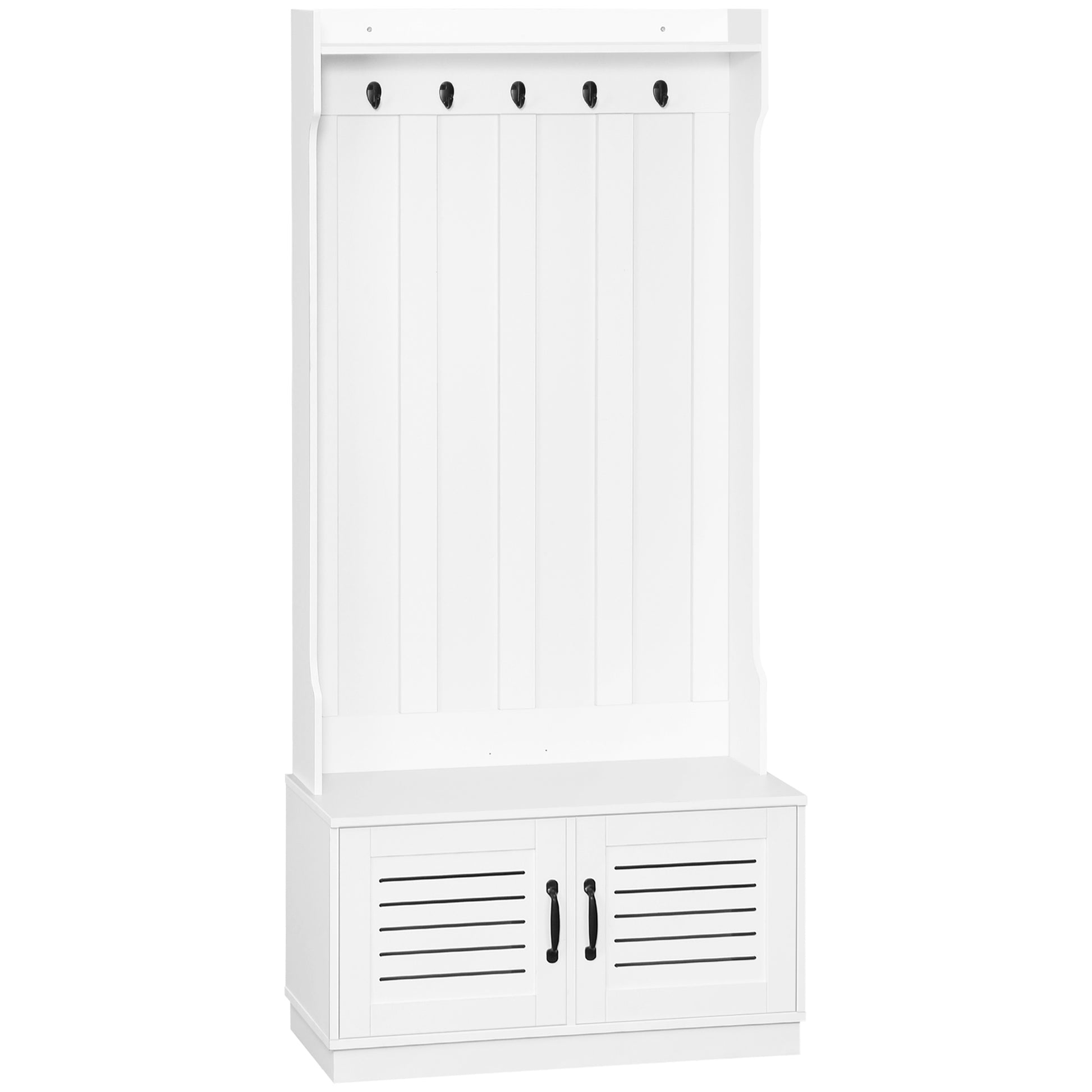 Homcom Modern Hall Tree, Entryway Coat Rack With Shoe Bench, 5 Hooks, Storage Shelf And Slatted Door Cabinet For Hallway, White White Particle Board