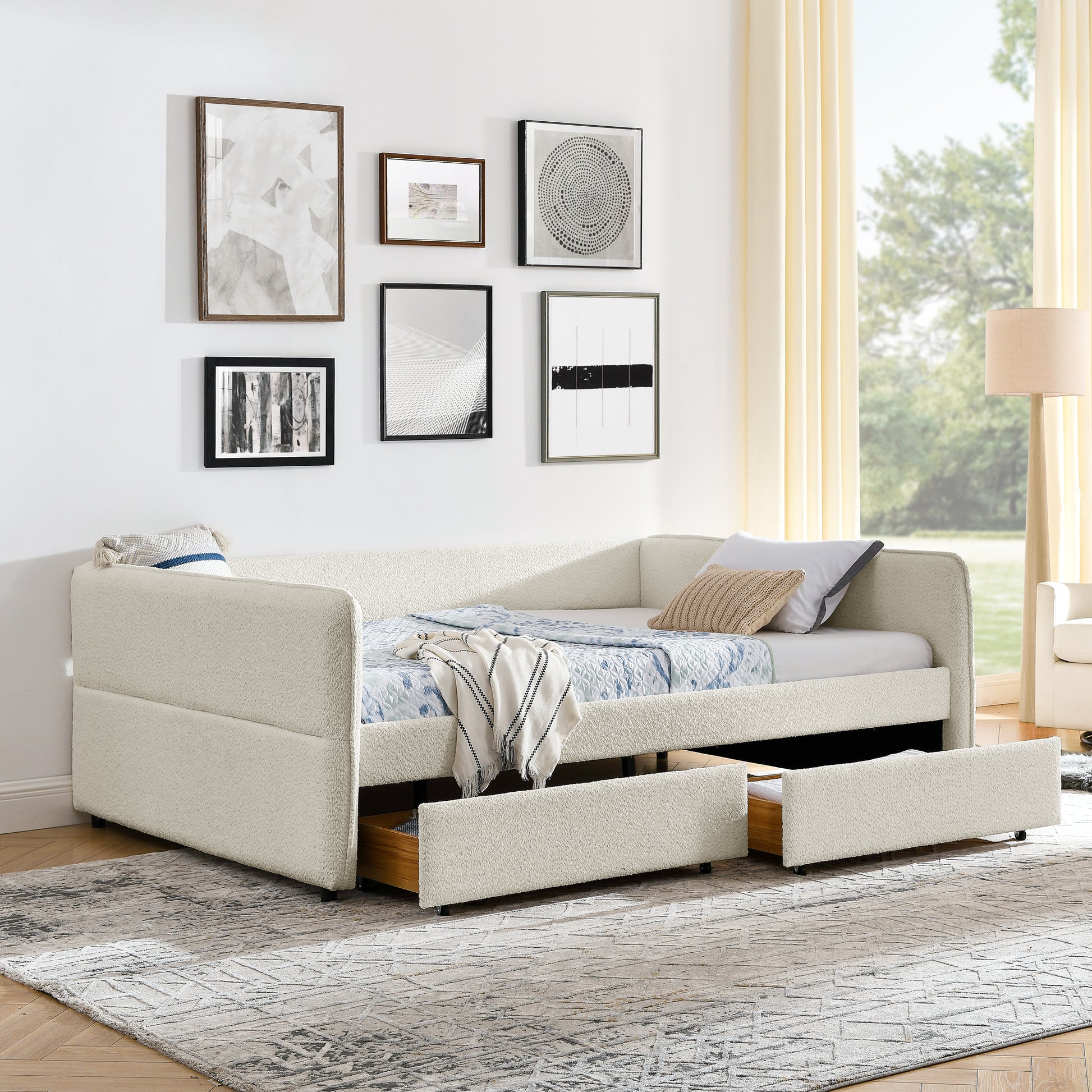 Daybed With Trundle Upholstered Tufted Sofa Bed, With Two Drawers, Queen Size, Boucle Fabric, Beige 88"X65.5"X29.5" Beige Boucle