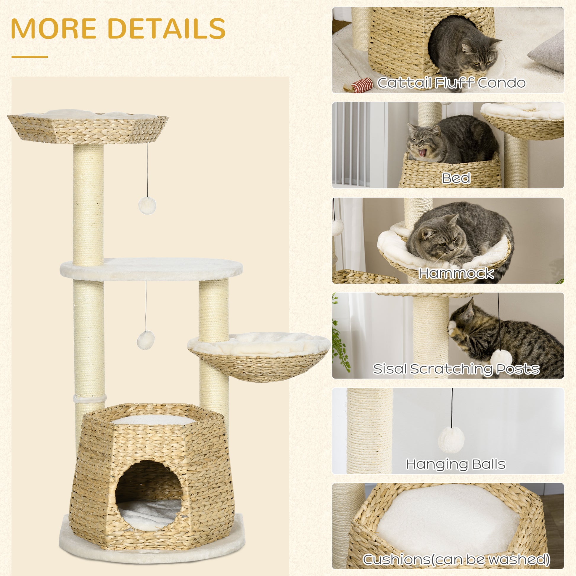 Pawhut 47" Cat Tree Kitty Activity Center, Cat Climbing Toy With Cattail Fluff, Bed, Condo, Sisal Scratching Post, And Hanging Ball, Natural Natural Wood Particle Board