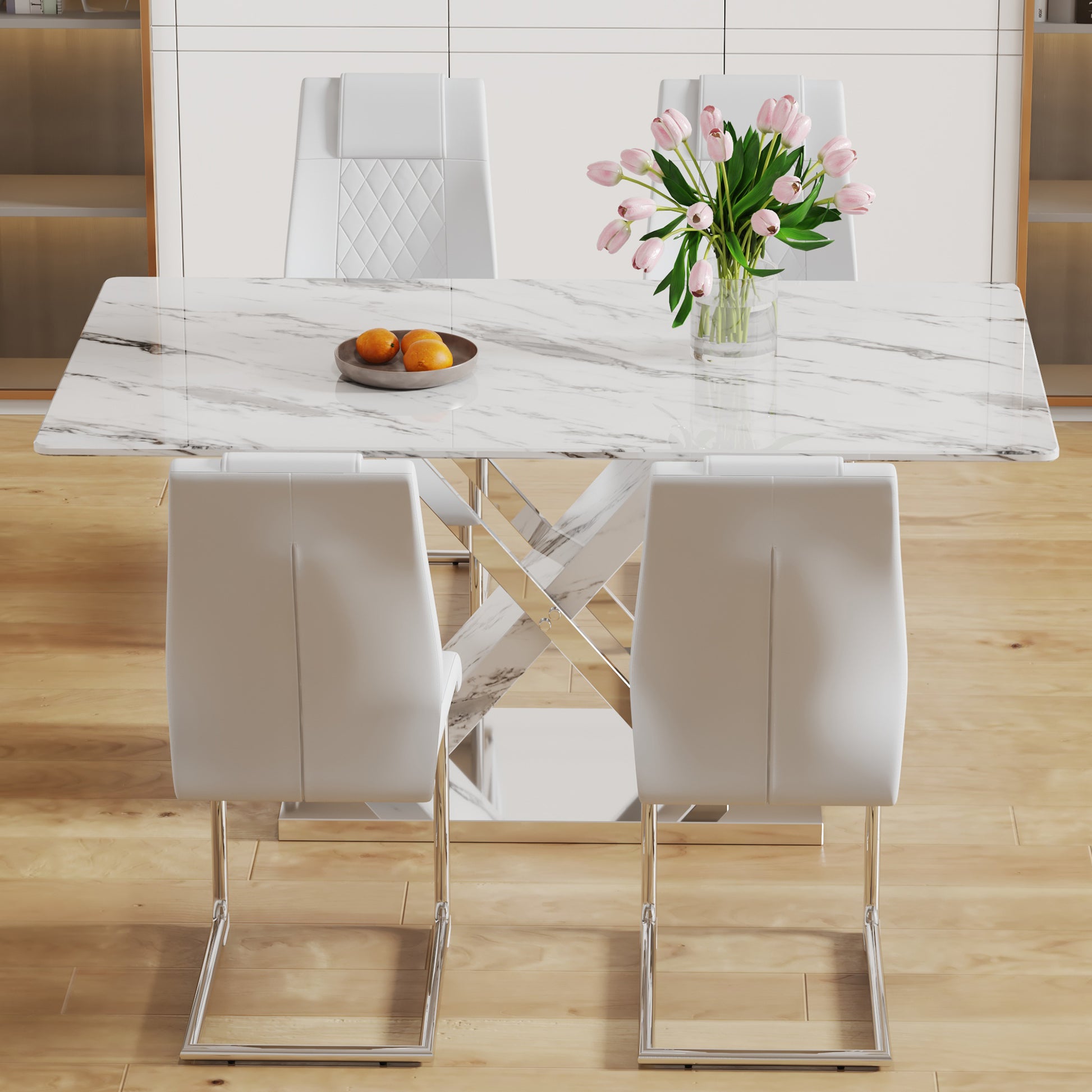 Table And Chair Set, Modern Dining Table, Imitation Marble White Top And Silver Legs, Soft And Comfortable Dining Chair, Perfect For Dinner, Meetings, Home And Office Decor White Silver Glass Metal