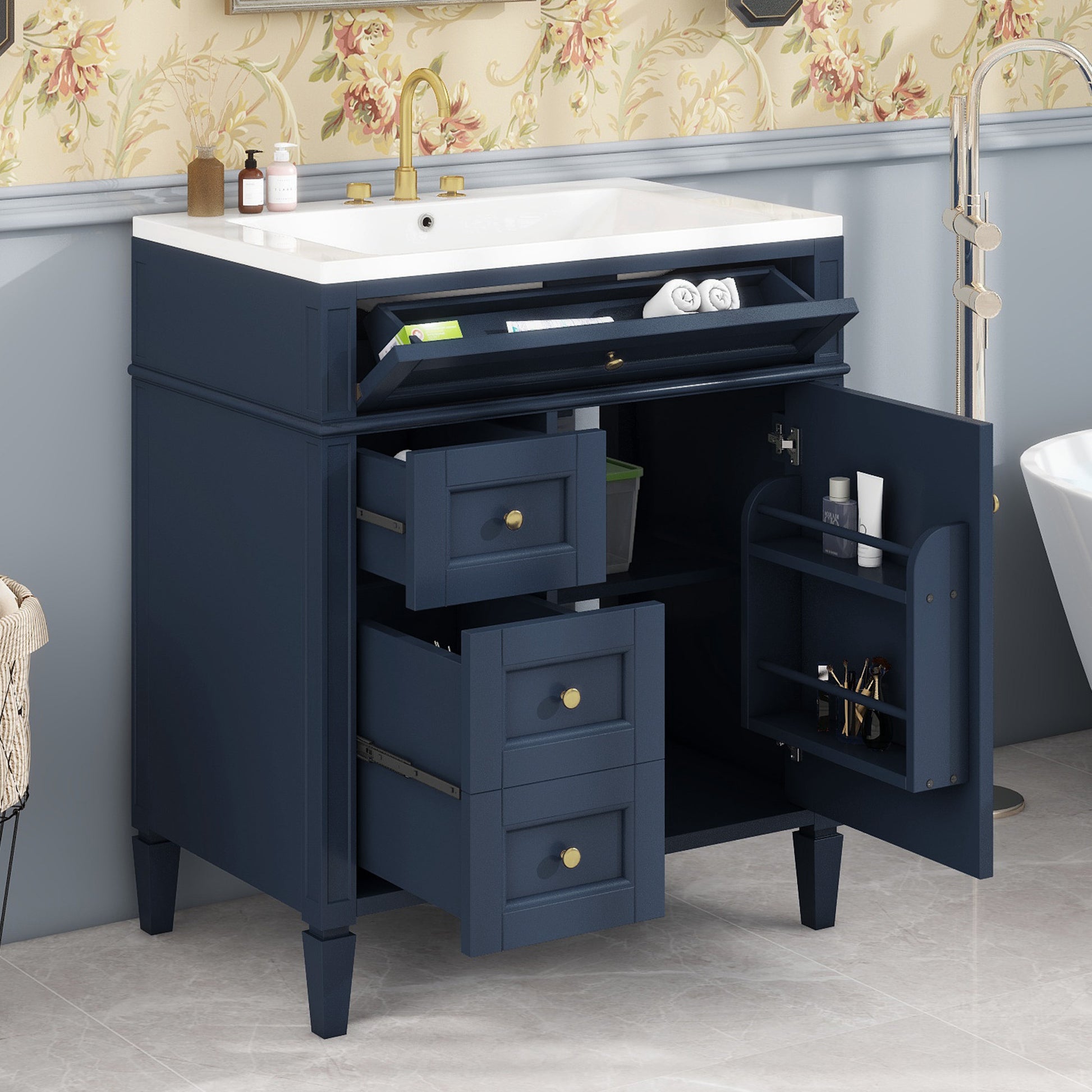 30'' Bathroom Vanity With Top Sink, Modern Bathroom Storage Cabinet With 2 Drawers And A Tip Out Drawer, Single Sink Bathroom Vanity 3 Blue 1 Soft Close Doors Bathroom Freestanding Mdf Painted