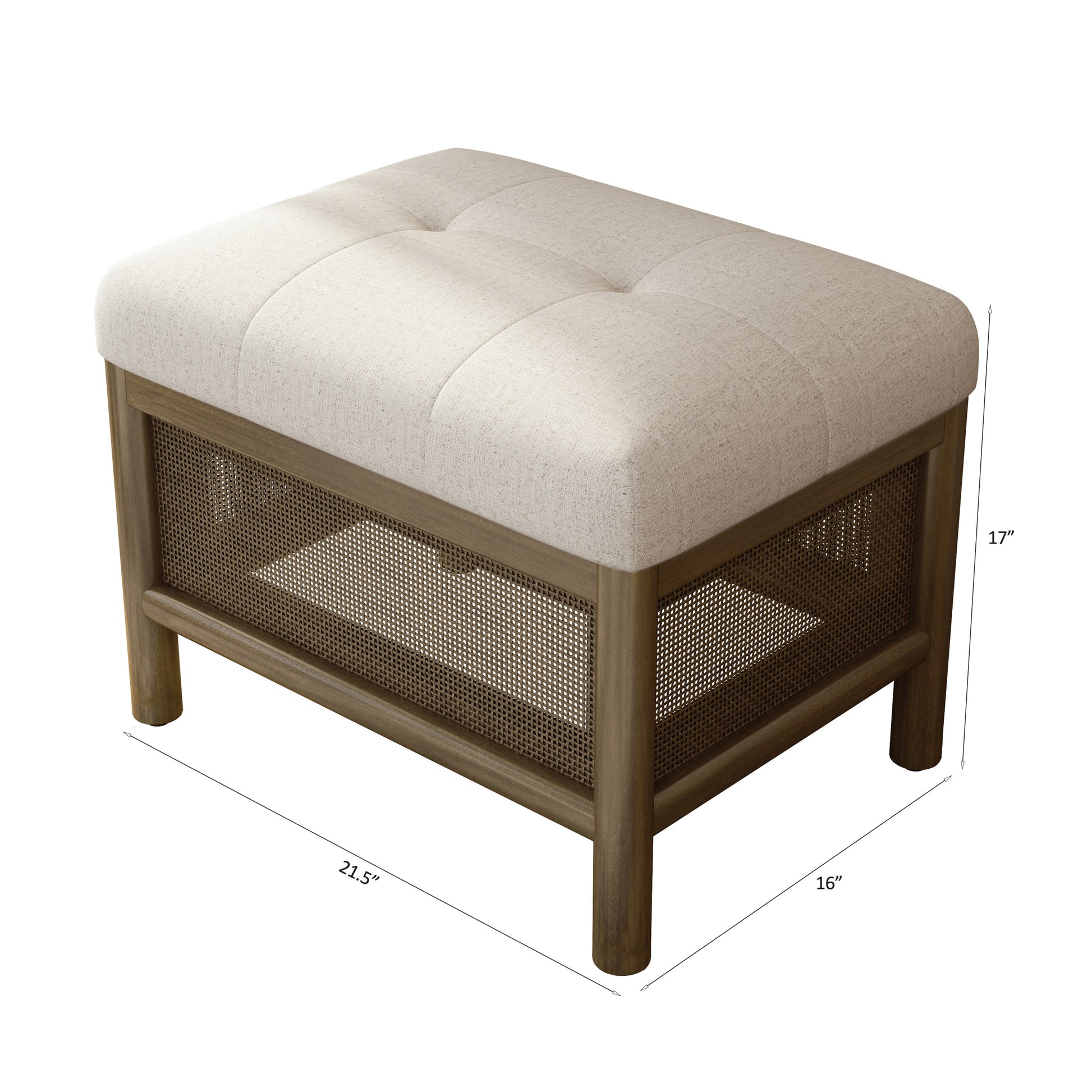 Cane Base Ottoman Dark Walnut Cream 21.5"*16"*17" White Deep Walnut Wood Soft American Traditional Hickory Wood Rectangle Wood Fabric