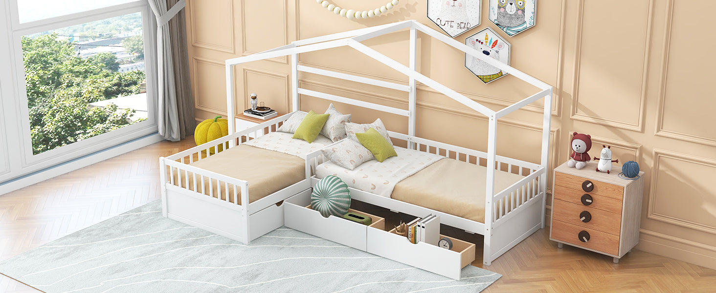 Twin Size House Platform Bed With Three Storage Drawers,White Box Spring Not Required Twin White Wood Bedroom Pine