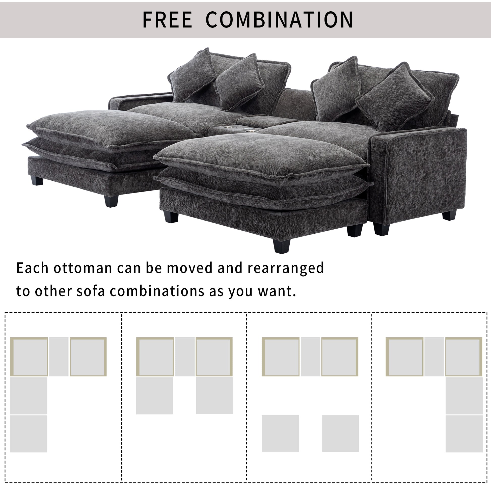 112.6" Sectional Sofa Chenille Upholstered Sofa With Two Removable Ottoman, Two Usb Ports, Two Cup Holders And Large Storage Box For Living Room, Black Black Foam Chenille 2 Seat