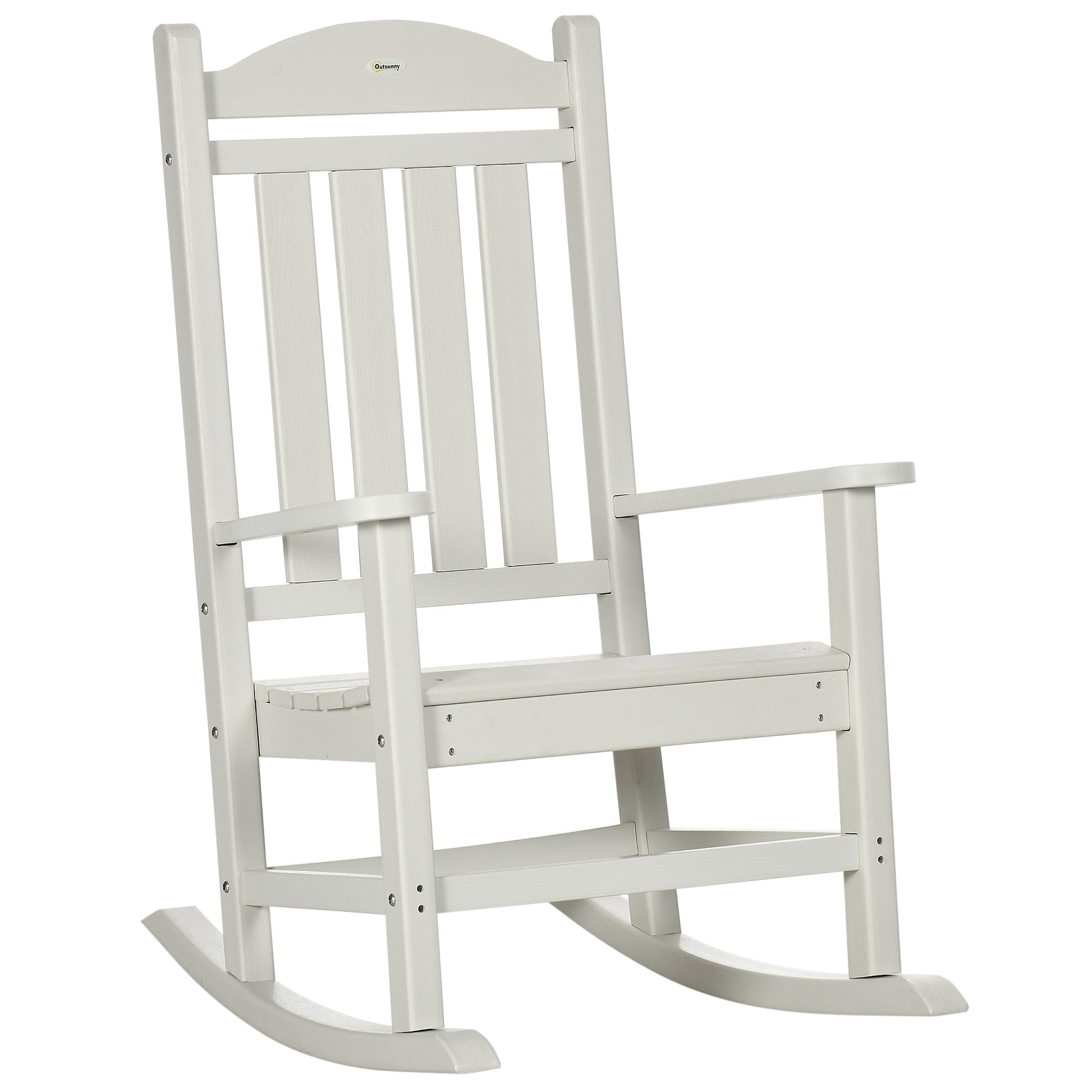Outsunny Outdoor Rocking Chair, All Weather Resistant Hdpe Rocking Patio Chairs With Rustic High Back, Armrests, Oversized Seat And Slatted Backrest, 350Lbs Weight Capacity, White White Plastic