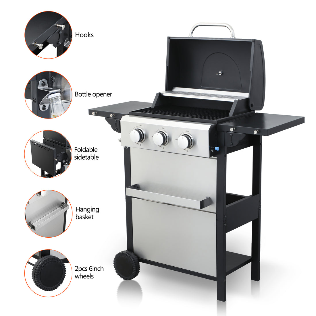 3 Burner Propane Gas Bbq Grill, 25650Btu Output With Wire Enamel Cooking Grids For Outdoor Barbecue, Foldable Side Table, Stainless Steel Black Silver Garden & Outdoor Iron,Stainless Steel