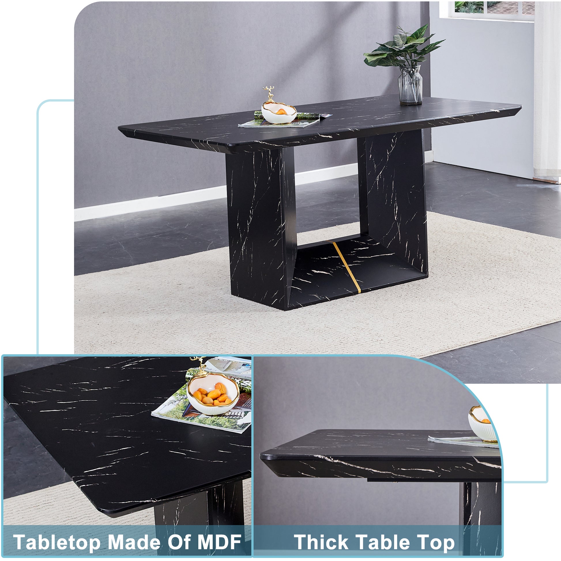 Table And Chair Set.This Modern Dining Table With Mdf Marbled Design Gives You A Luxurious And Elegant Feel.Paired With Multiple Chairs With Pu Artificial Leather Backrest Cushions And Black Legs. Black Seats 6 Mdf