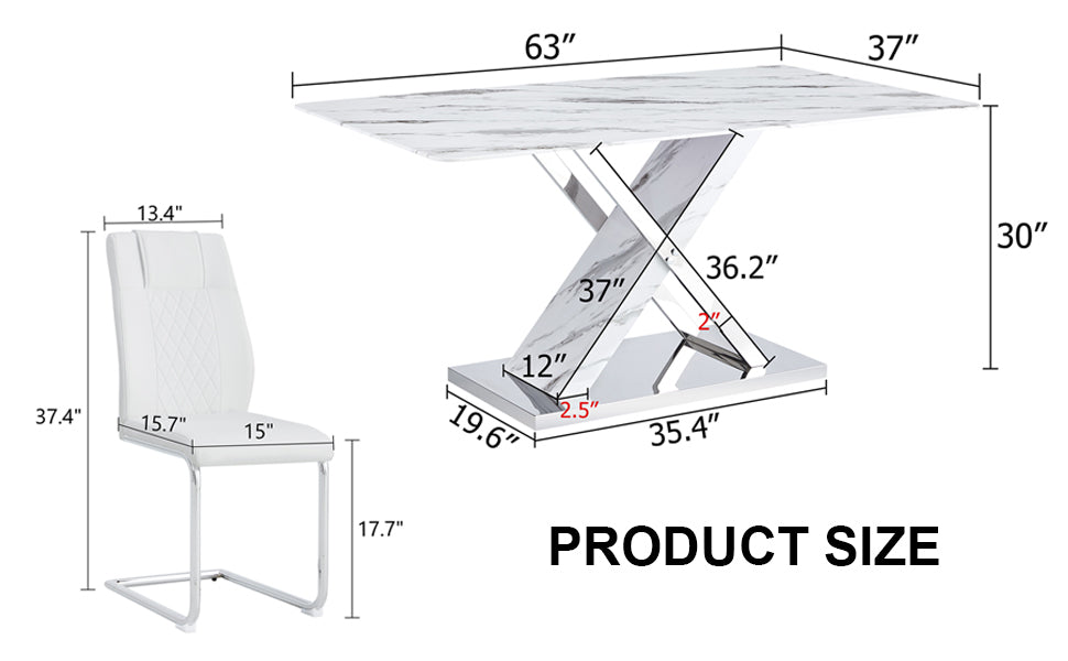 Table And Chair Set, Modern Dining Table, Imitation Marble White Top And Silver Legs, Soft And Comfortable Dining Chair, Perfect For Dinner, Meetings, Home And Office Decor White Silver Glass Metal