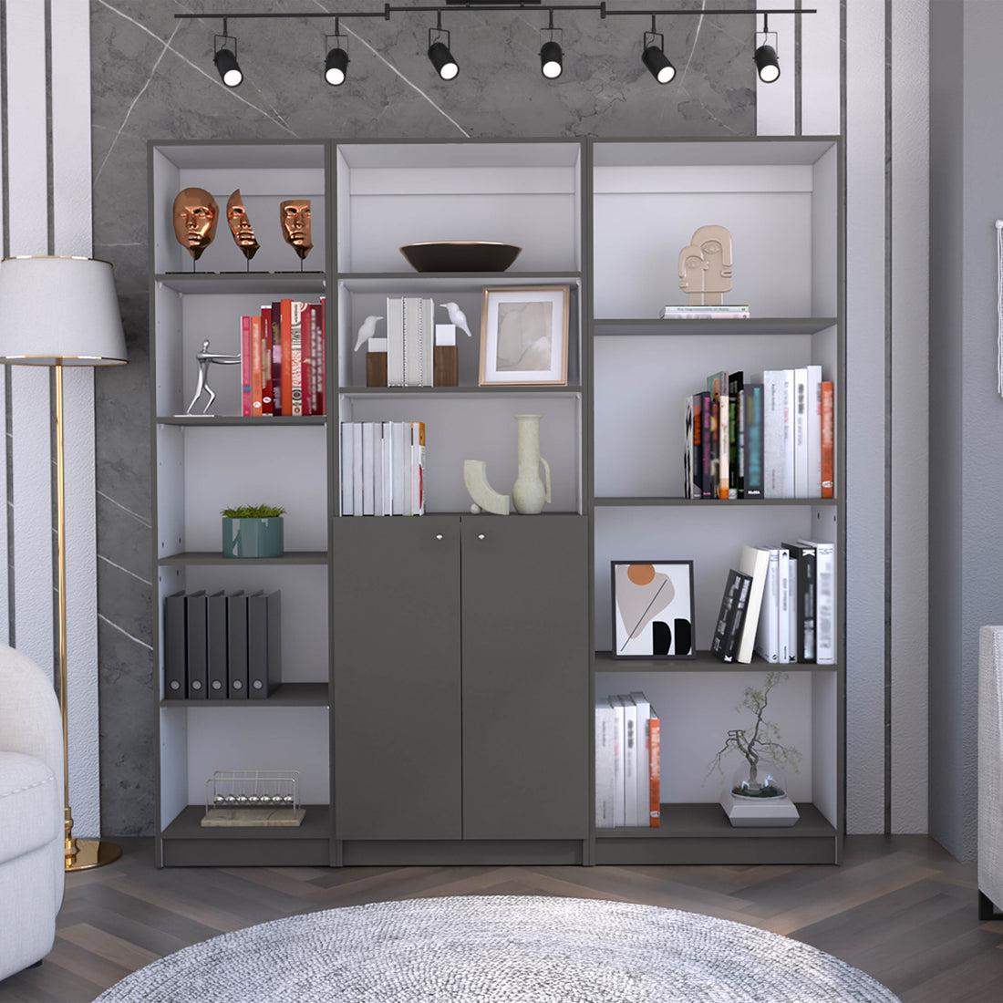 Poole 3 Piece Home Bookcase Set, 67" Wide With 12 Shelves And 2 Door Cabinetliving Room Set Matt Gray White Freestanding 5 Or More Shelves Gray White Matte,Multicolor Office Open Storage Space Modern Particle Board