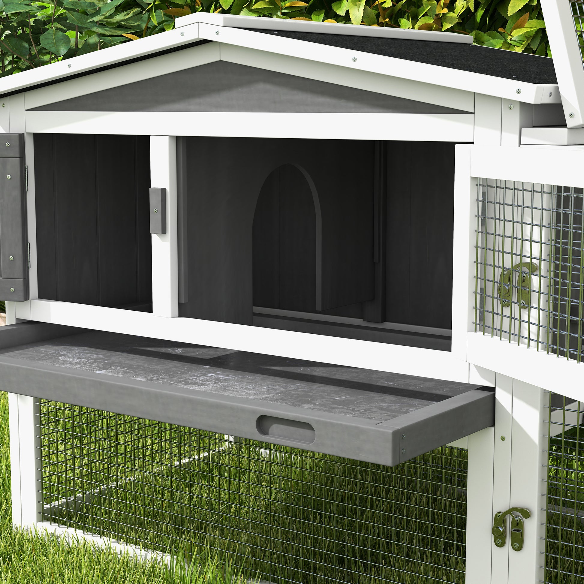 Pawhut Rabbit Hutch 2 Story Bunny Cage Small Animal House With Slide Out Tray, Detachable Run, For Indoor Outdoor, 61.5" X 23" X 27", Light Gray Light Grey Wood