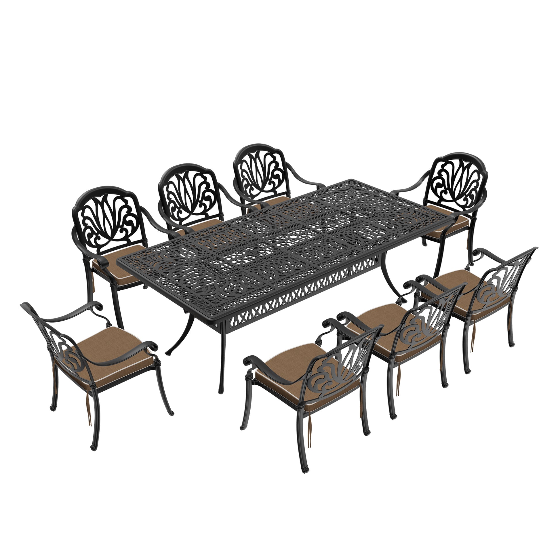 Cushions In Random Colors 9 Piece Set Of Cast Aluminum Patio Furniture With Cushions Yes Dining Set Black Seats 8 Rust Resistant Frame Water Resistant Cushion Garden & Outdoor Complete Patio Sets Aluminium