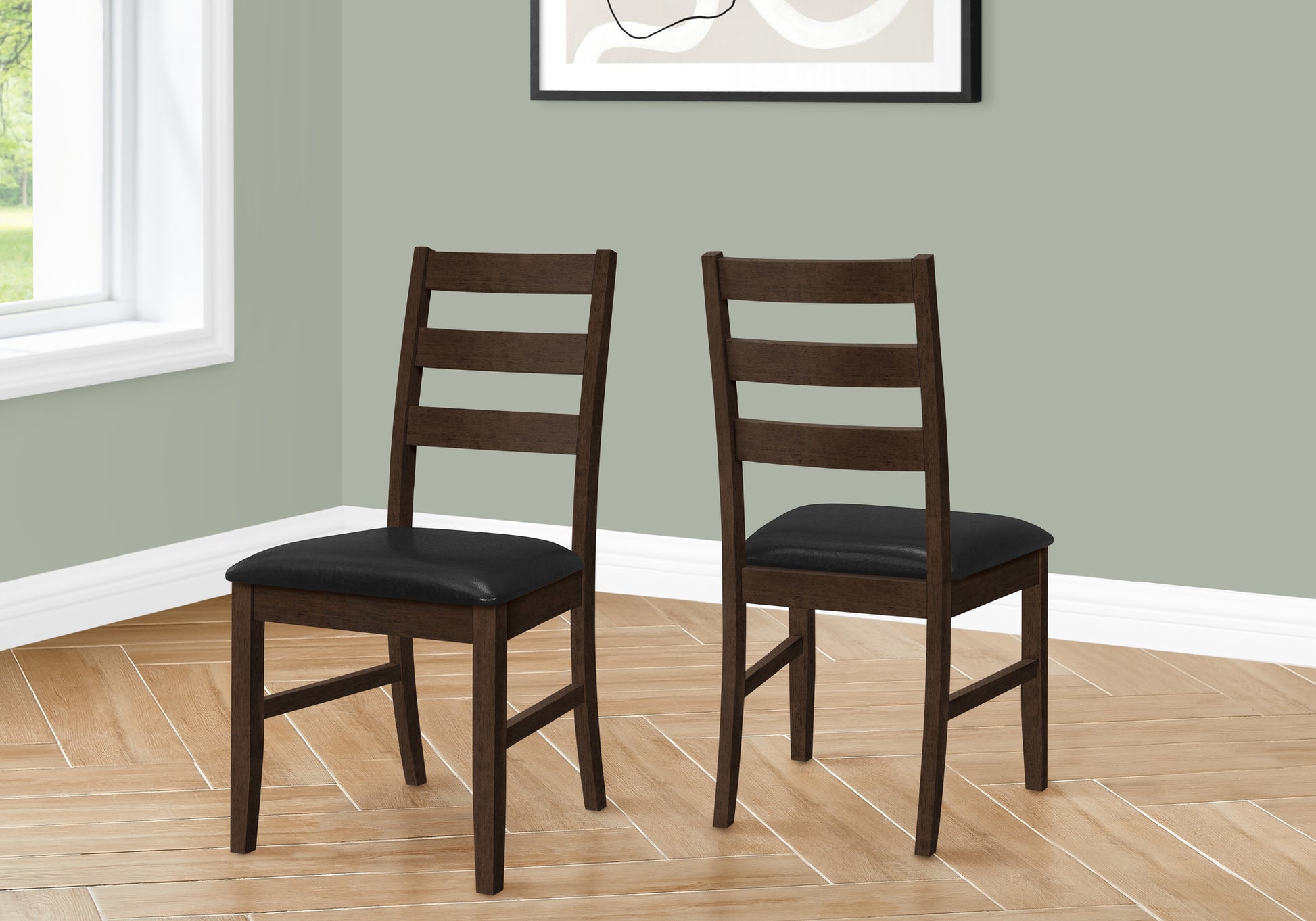 Dining Chair, Set Of 2, 37" Height, Kitchen, Dining Room, Side, Upholstered, Brown Leather Look, Brown Solid Wood, Transitional Black Foam Faux Leather