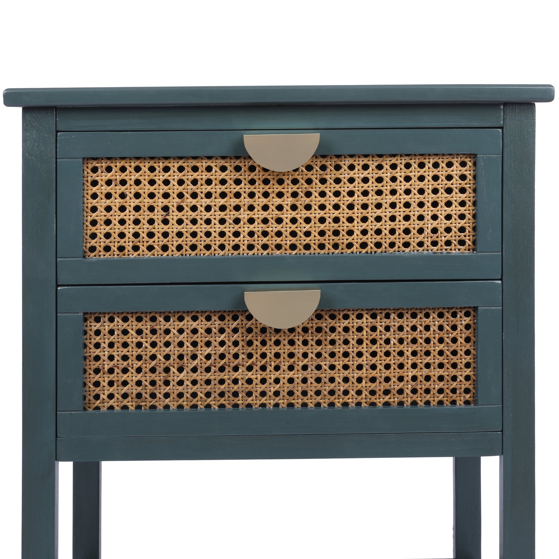 2 Drawer Side Table,Naturel Rattan,End Table,Suitable For Bedroom, Living Room, Study Green Mdf