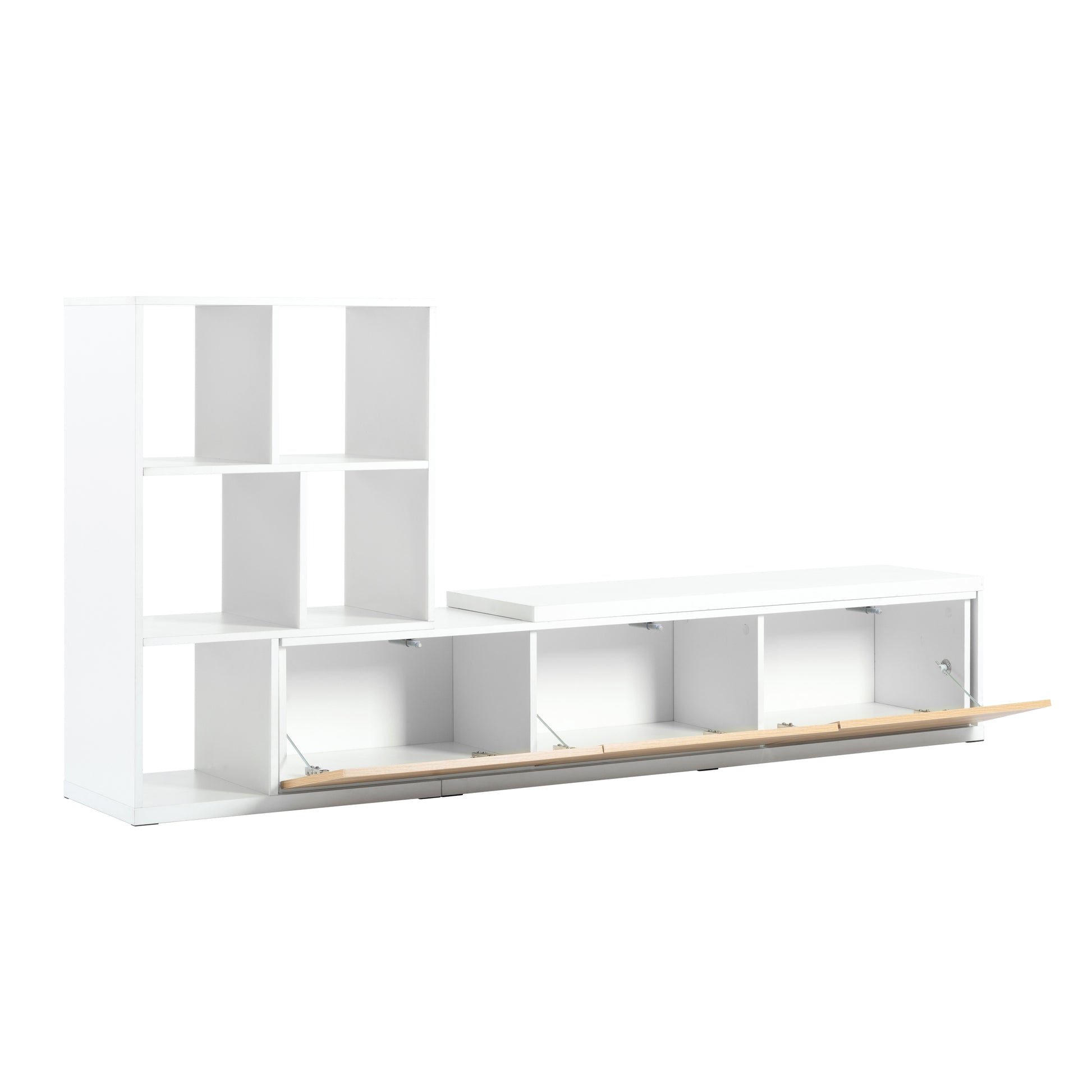 74.8'' 126'' Extendable Tv Stand With 3 Tier Bookshelves For Tvs Up To 110'', Adjustable Entertainment Center With Storage Cabinets, Sliding Tabletop Media Console For Living Room, White White Primary Living Space 90 Inches Or Larger Particle Board Mdf