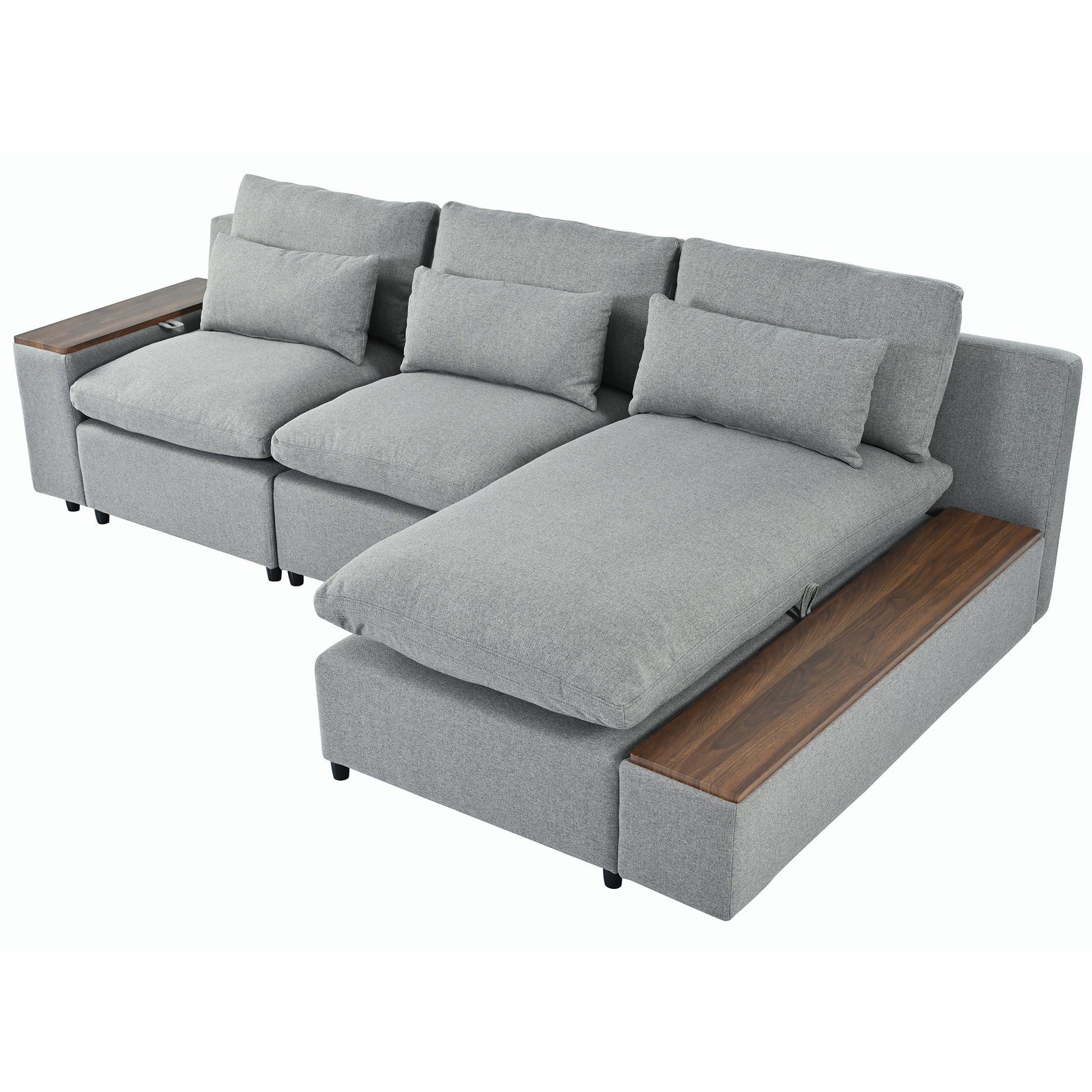 L Shaped Modular Sectional Sofa With Removable Back Cushions,3 Pillows And 2 Storage Spaces,Suitable For Living Rooms,Offices And Apartments Gray Polyester 3 Seat