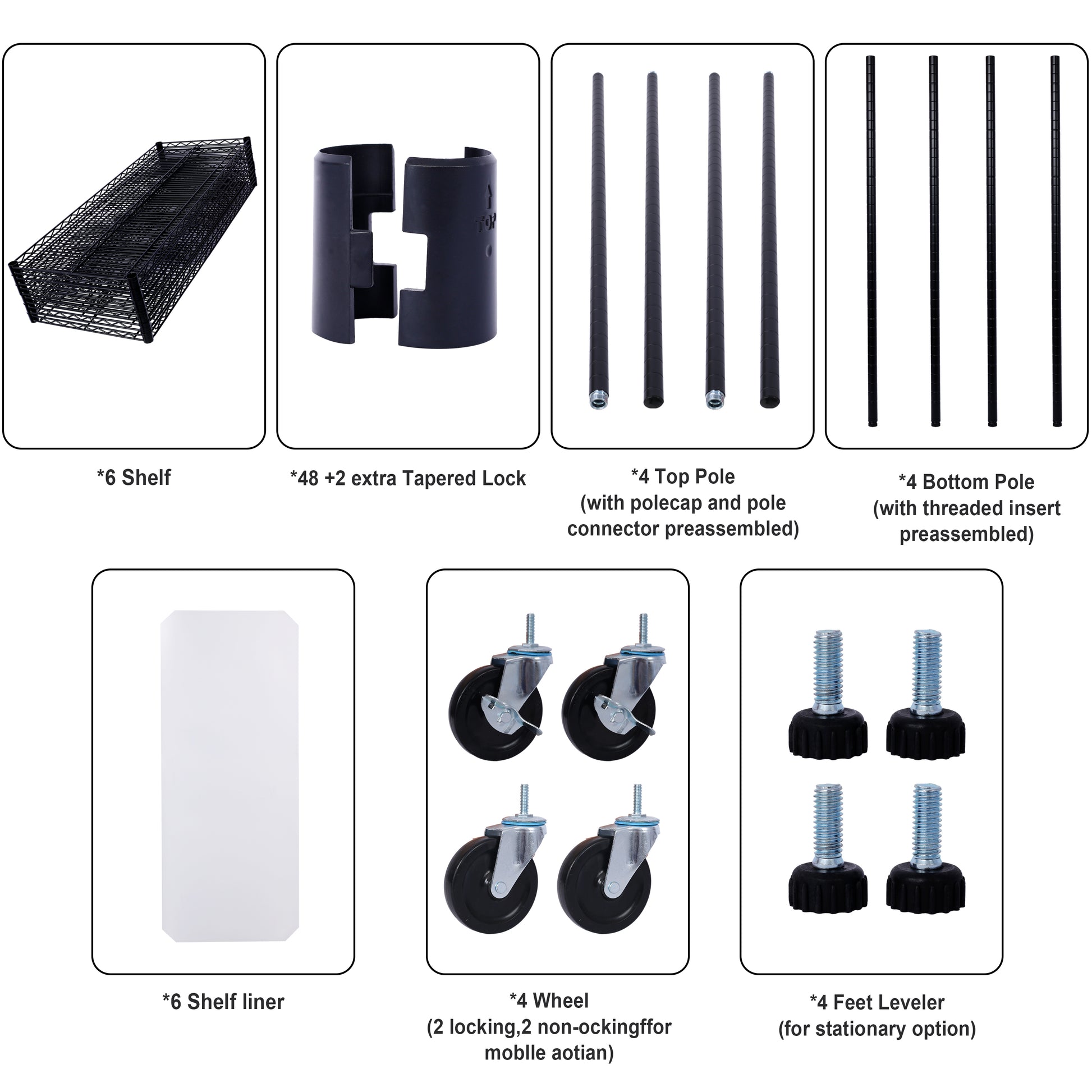 6 Tier 6000Lbs Capacity Nsf Metal Shelf Wire Shelving Unit, Heavy Duty Adjustable Storage Rack With Wheels & Shelf Liners For Commercial Grade Utility Steel Storage Rack, Black 82"H X 48"L X 18"D Black Metal