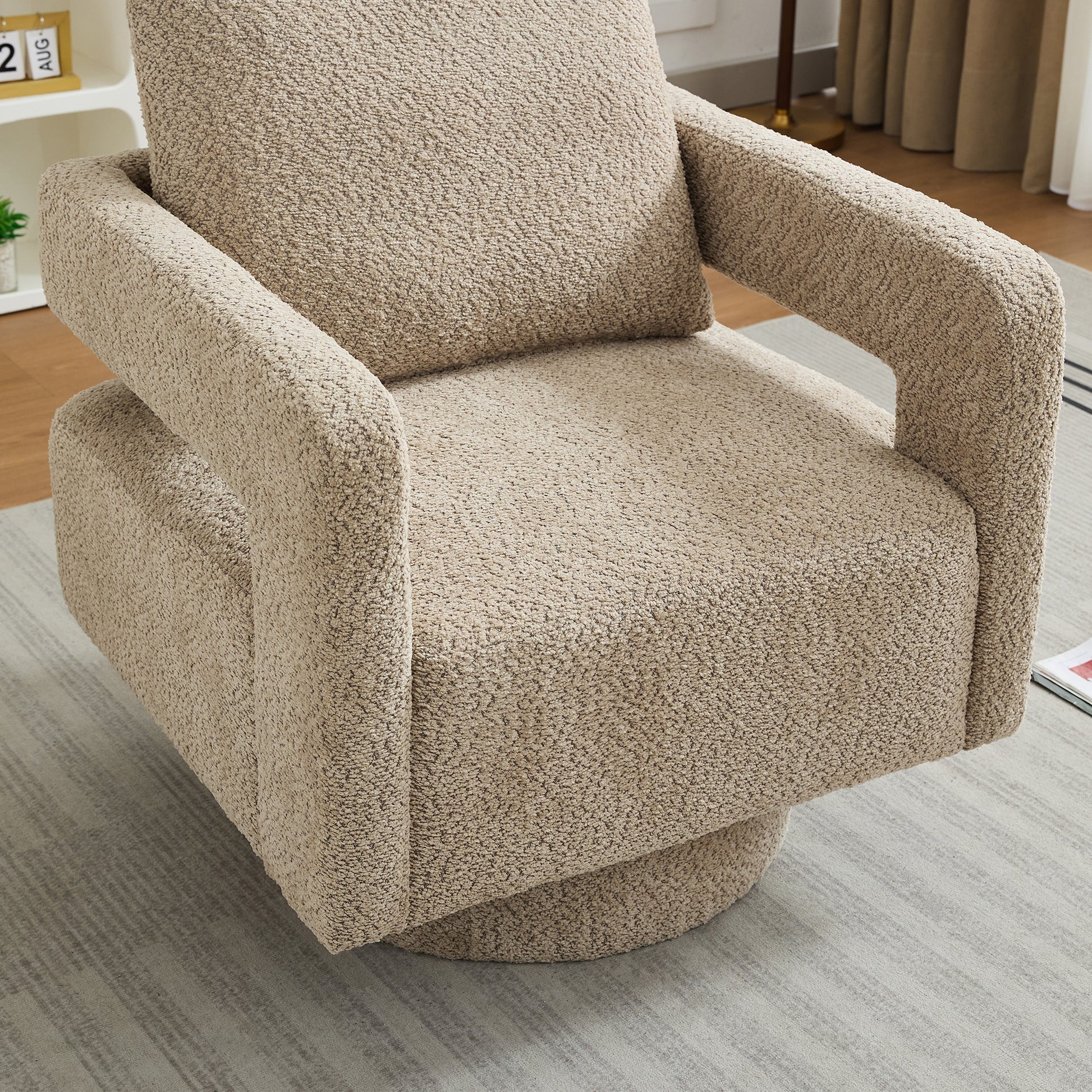 29.13" W Square Swivel Accent Chair, Modern Rotating Arm Chair With Open Back,360 Degree Rotation, Lounge Club Chair With Removable Back Cushion For Living Room, Hotel, Bed Room,Taupe Taupe Boucle