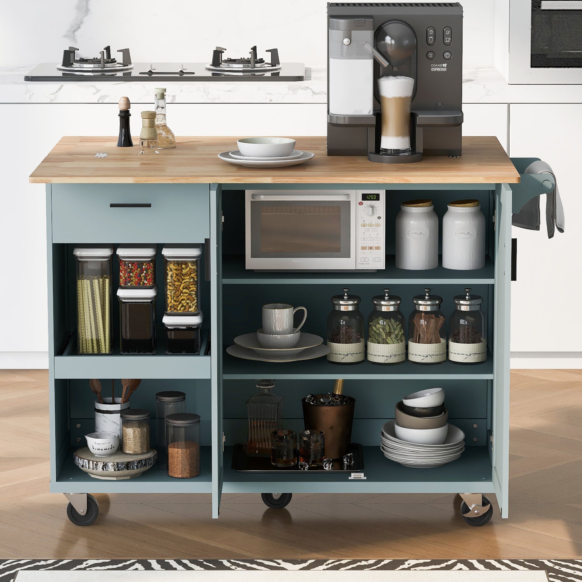 K&K Kitchen Island With Foldable Counter Top, Kitchen Storage Cart With Slide Out Shelf, Towel Rack And Drawer, Rolling Kitchen Cart On Wheels, For Kitchen, Living Room, Dining Room, Grey Blue Grey Blue Brown Kitchen Classic,Farmhouse,Luxury,Modern