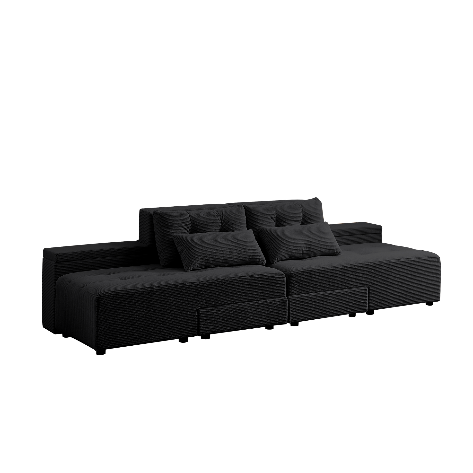 Convertible 3 In 1 Sleeper Sofa And Sectional Sofa With 4 Storage Space For Living Room,Corduroy Couch With 4 Pillows,Corduroy Black Corduroy 3 Seat