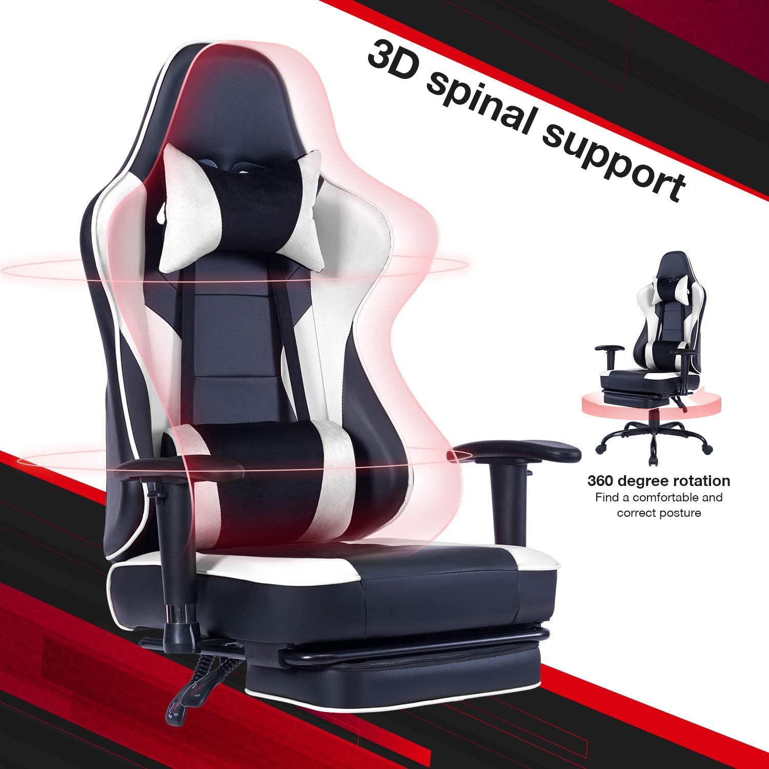 Game Chair, Ergonomiy Designed Computer Chair With Headrest And 2D Armrests, Waist Pillow Electronic Lounge Chair With Vibration Massage Function, Competitive Chair Iron White Cotton Leather