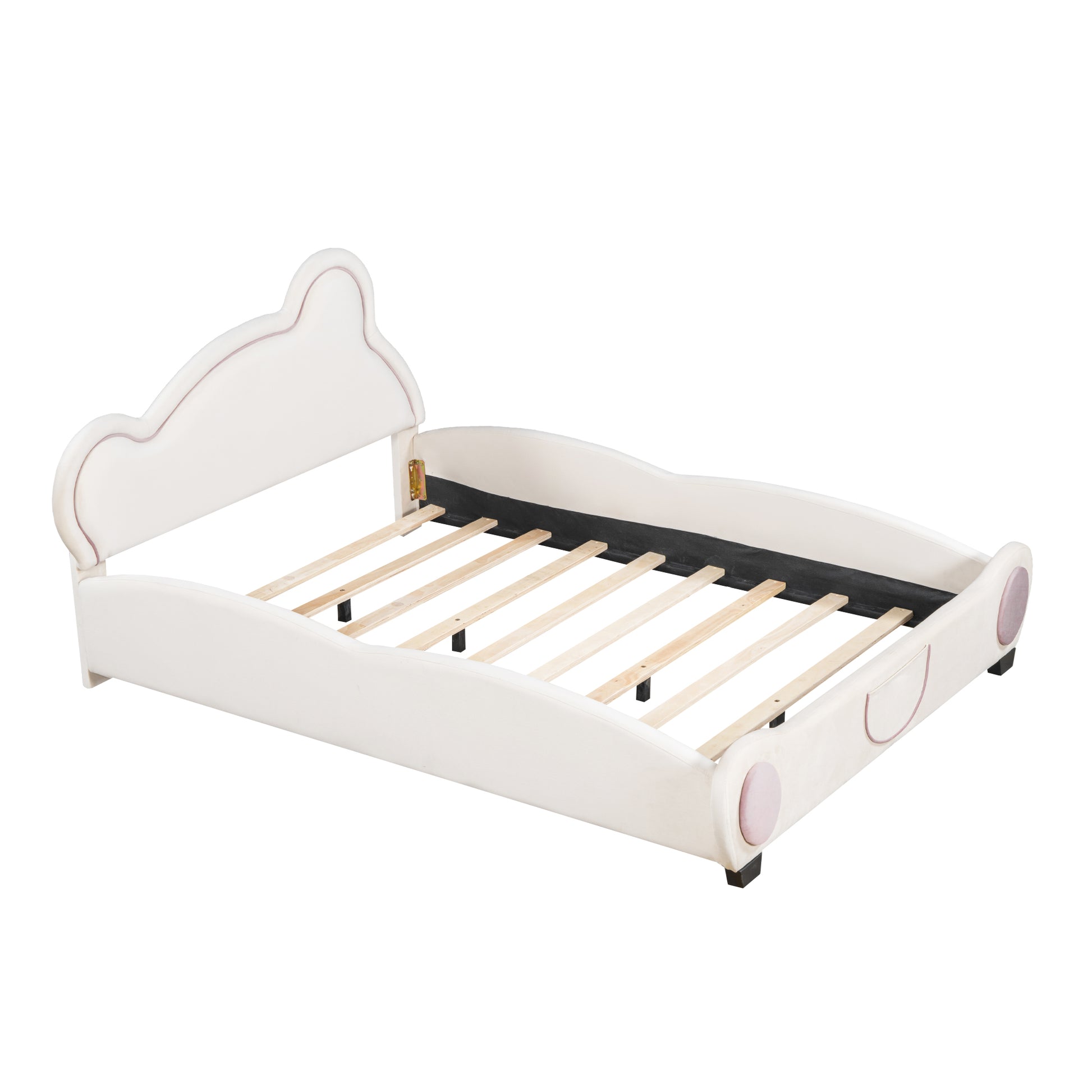 Full Size Velvet Platform Bed With Bear Shaped Headboard, With Bed End Storage Pocket, Beige Full Beige Plywood