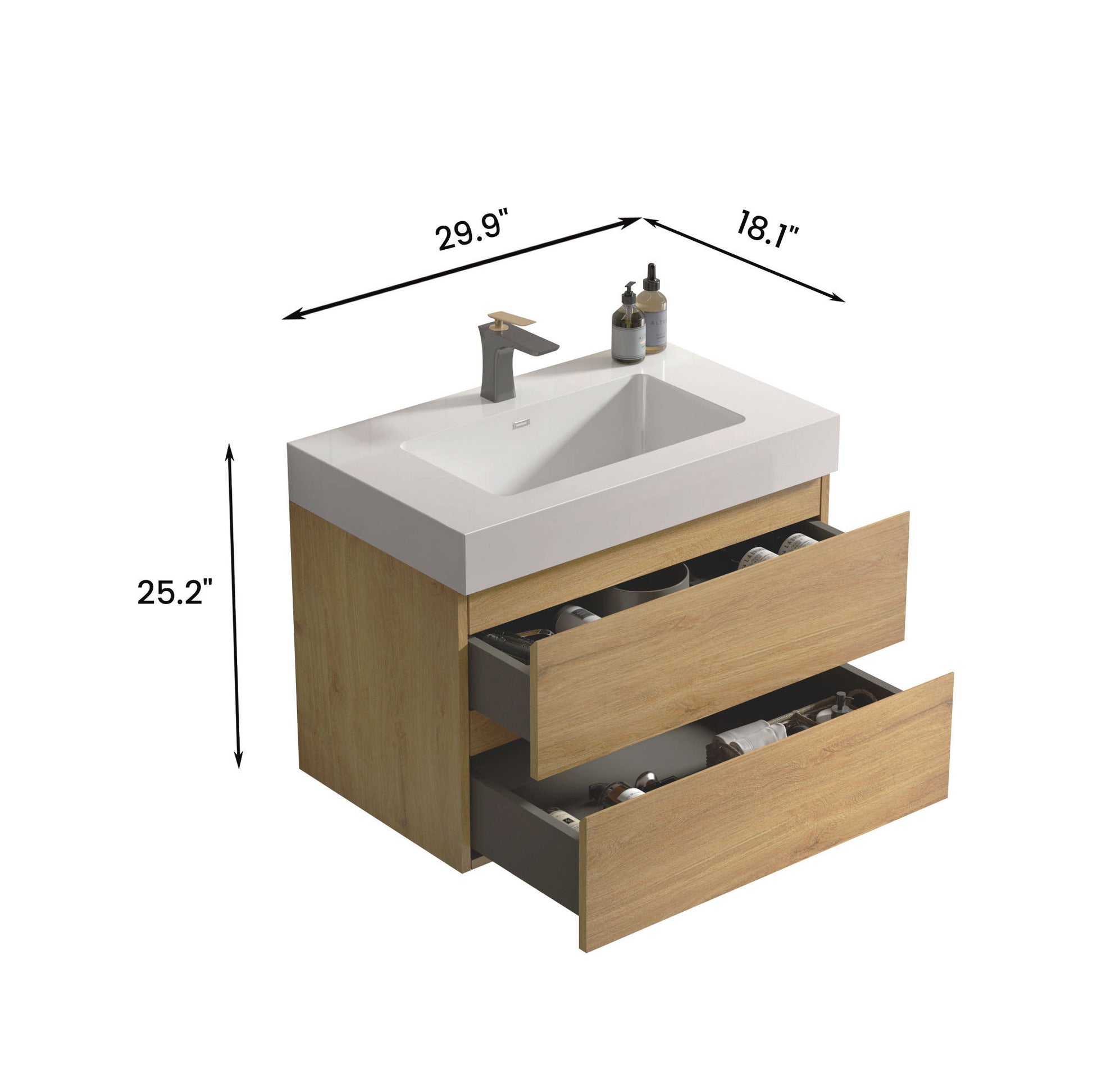 U041 Alice30 106 Alice 30" Natural Oak Bathroom Vanity With Sink, Large Storage Wall Mounted Floating Bathroom Vanity For Modern Bathroom, Pre Assembled Oak Melamine