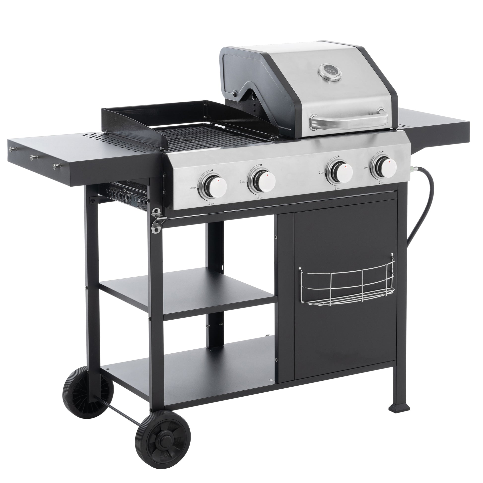 2 2 Multi Function Burner Gas Grill And Griddle Combo With Cover For Outdoor Cooking While Camping Or Tailgating Bbq,Frying,Pizza. Black And Silver Stainless Steel