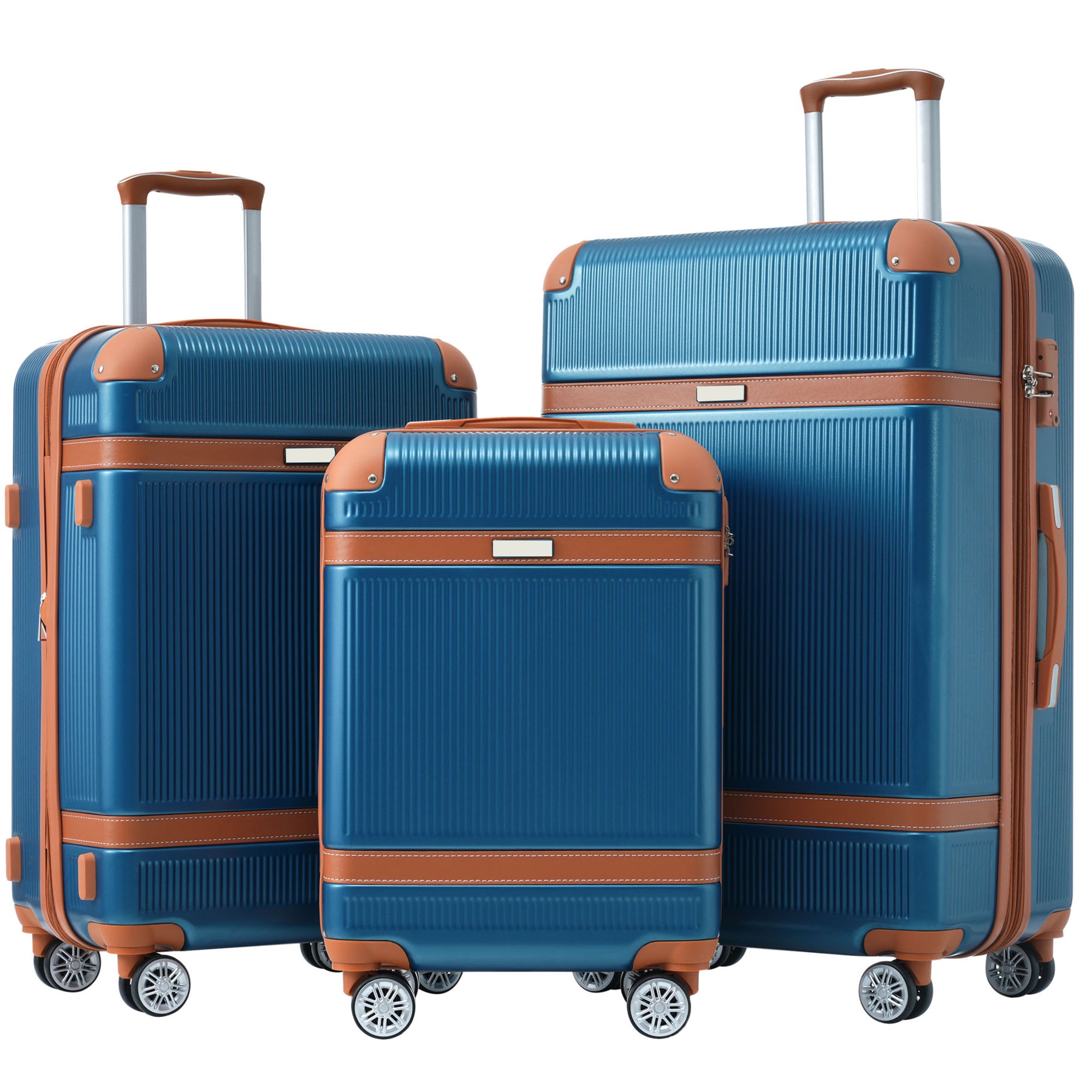 Hardshell Luggage Sets 3 Piece Double Spinner 8 Wheels Suitcase With Tsa Lock Lightweight 20''24''28'' Blue Abs