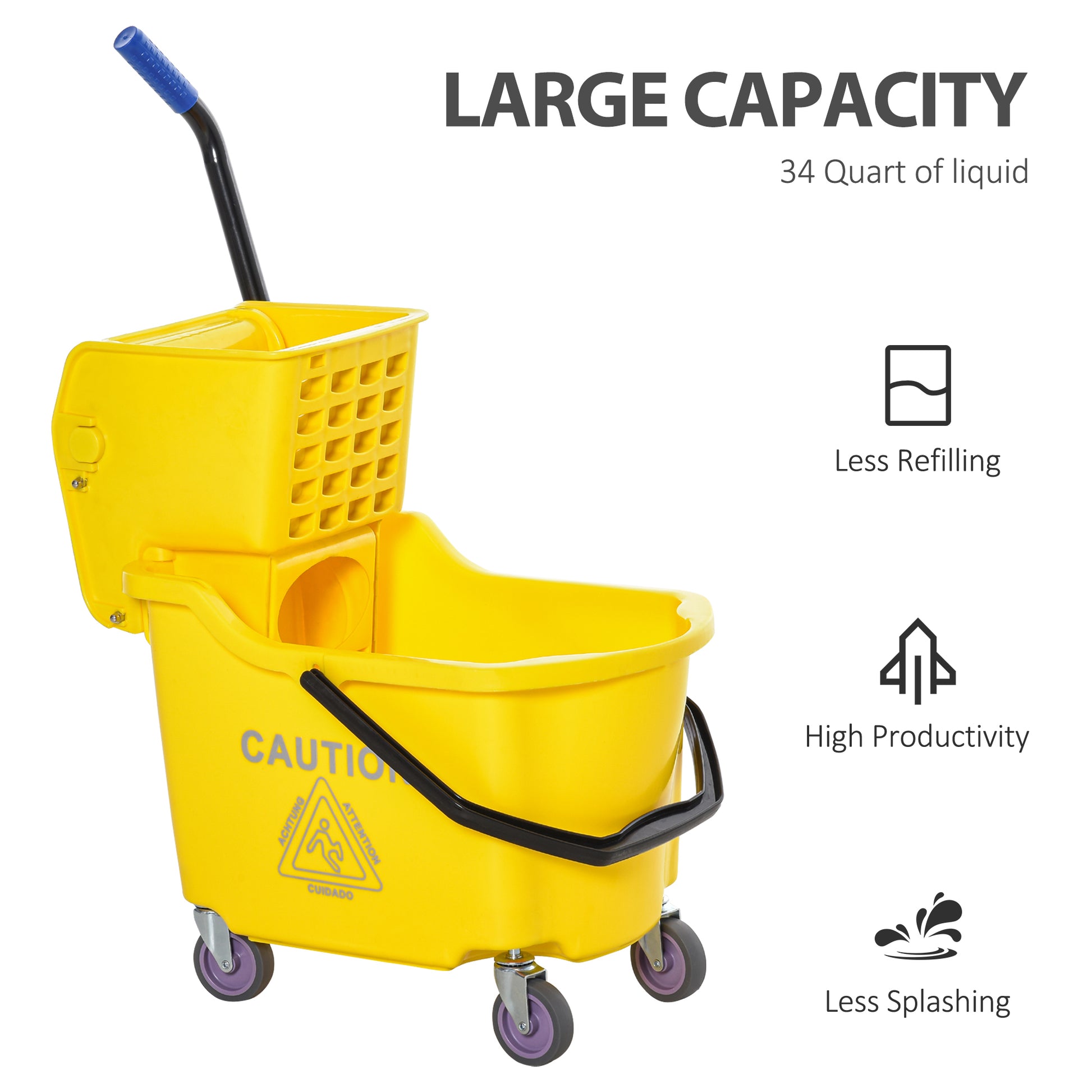 Homcom Mop Bucket Cart With Side Press Wringer, Metal Handle And 34 Quart Capacity, Yellow Yellow Iron Plastic