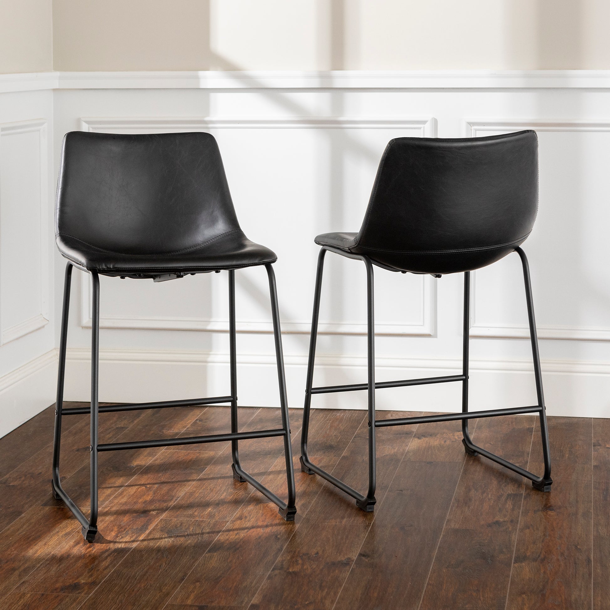 Industrial Faux Leather Counter Stools, Set Of 2 Black Black Polyurethane Foam Pu Leather