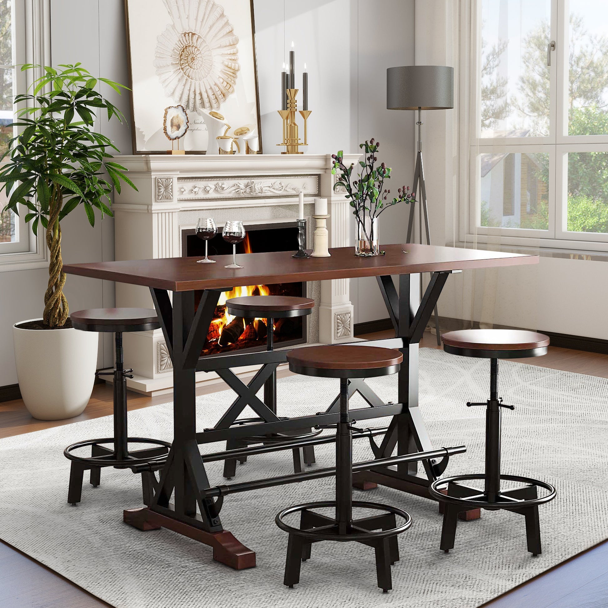 5 Piece Dining Table Set, 59" Wooden Sofa Side Table With Stabilizing Base, Rustic Brown Industrial Adjustable Height Chairs, Modern Bar Table And Chairs For Living Room, Dining Room, And Space Saving Metal Espresso Wood Classic Rectangular Solid Wood