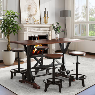 5 Piece Dining Table Set, 59" Wooden Sofa Side Table With Stabilizing Base, Rustic Brown Industrial Adjustable Height Chairs, Modern Bar Table And Chairs For Living Room, Dining Room, And Space Saving Metal Espresso Wood Classic Rectangular Solid Wood