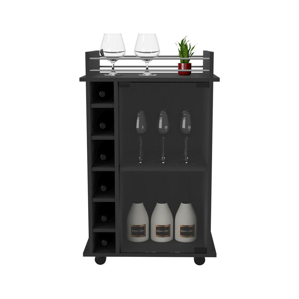 32" H Black Bar Coffee Cart, Kitchen Or Living Room Cabinet Storage With With 4 Wheels, With 6 Bottle Racks, A Central Shelf Covered By 1 Glass Door, 1 Support Surface With Aluminum Front. Black Particle Board Particle Board