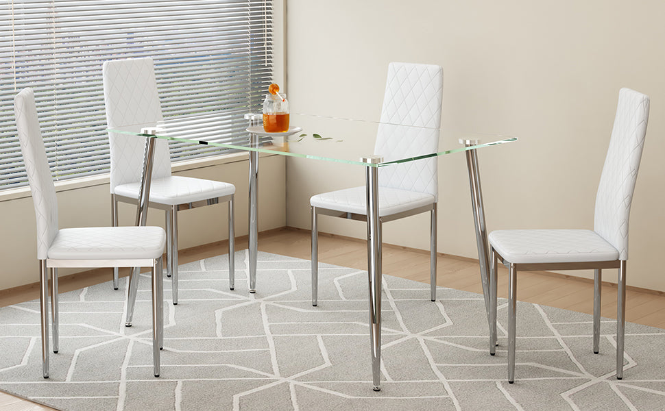 Table And Chair Set.Rectangular Dining Table With Tempered Glass Tabletop And Silver Plating Metal Legs.Paired With 4 Checkered Armless High Back White Chairs With Electroplated Metal Legs. White Seats 4 Glass Metal