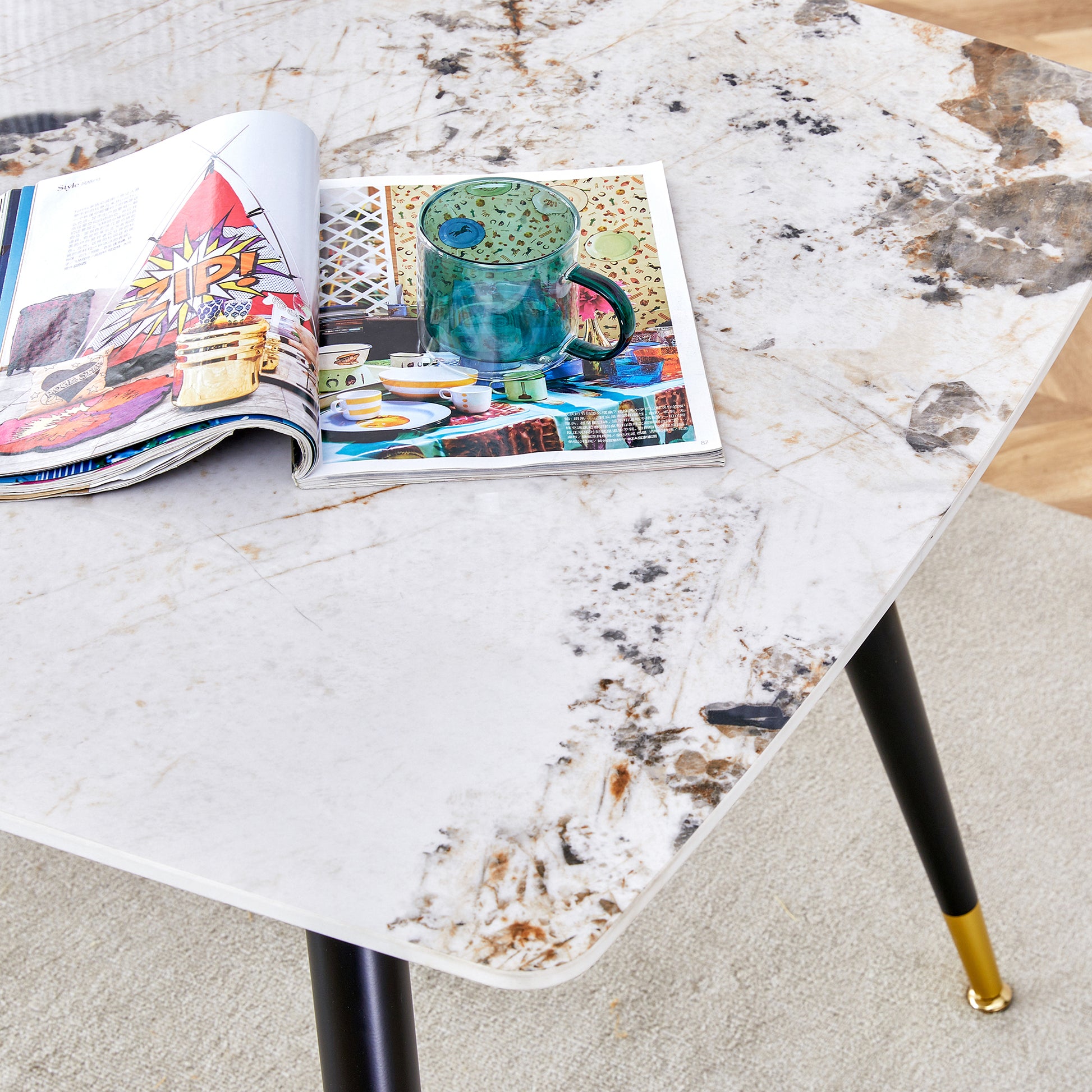 Table And Chair Set,Imitation Marble Texture Rock Board Table Top, Black Metal Table Legs, Stable And Beautiful. Modern Simple Dining Table, Comfortable Seating. White Gray Seats 6 Metal