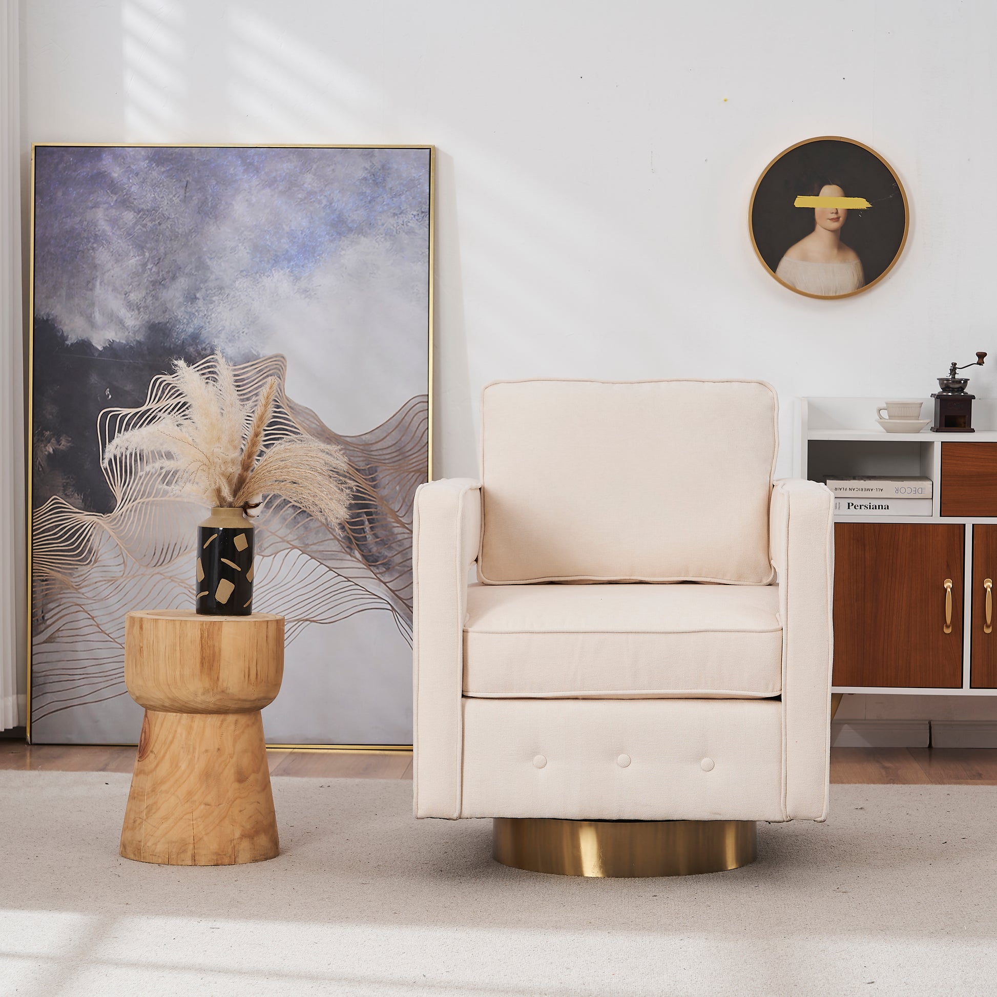 Swivel Barrel Chair For Living Room,360 Degree Swivel Club Modern Accent Single Sofa Chair, Small Leisure Arm Chair For Nursery, Hotel, Bedroom, Office Beige Primary Living Space Modern Linen