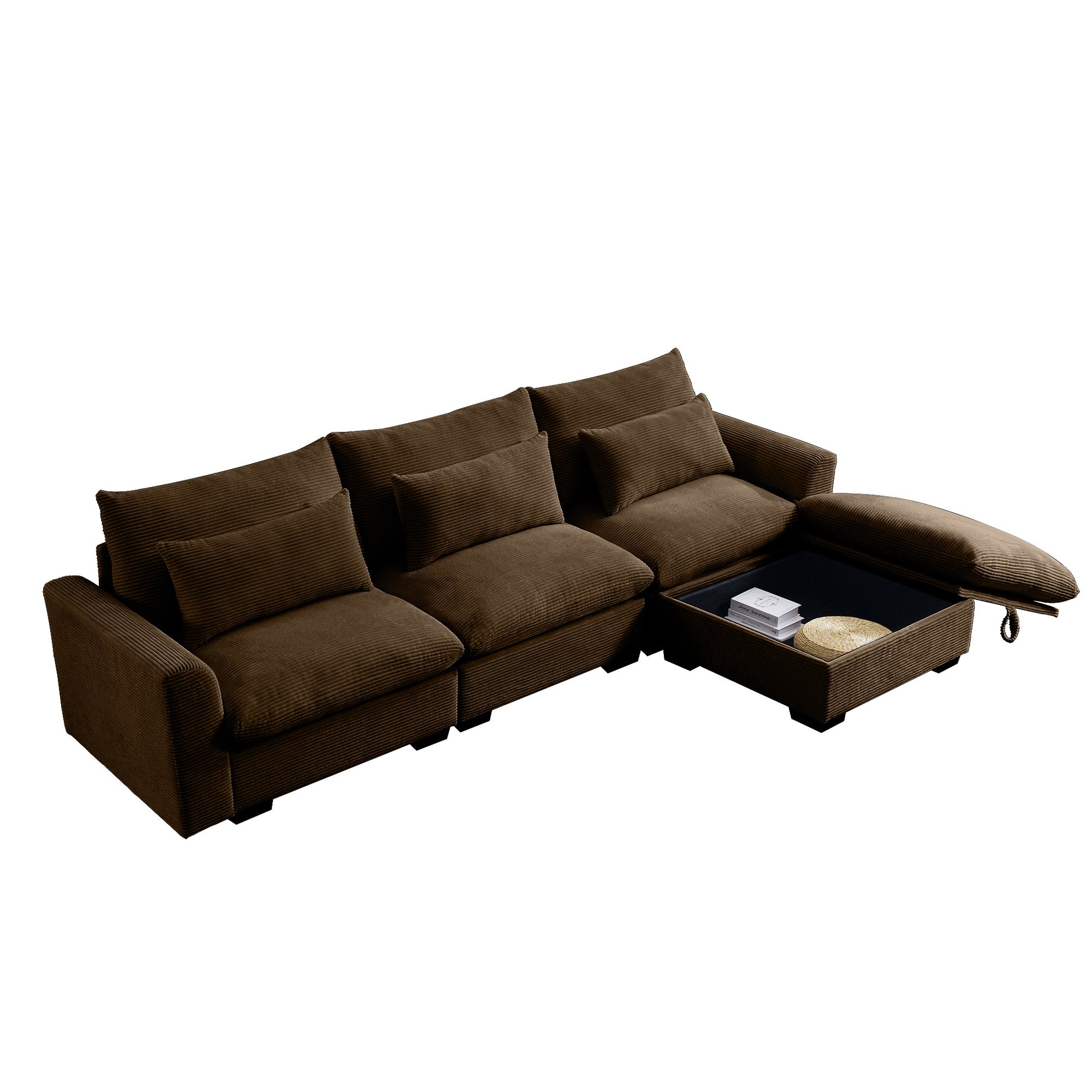 Corduroy Sectional Sofa, L Shaped Couch With Storage Footstool And 3 Pillow, Sectional Couch For Living Room Apartment, Brown Brown Corduroy 3 Seat