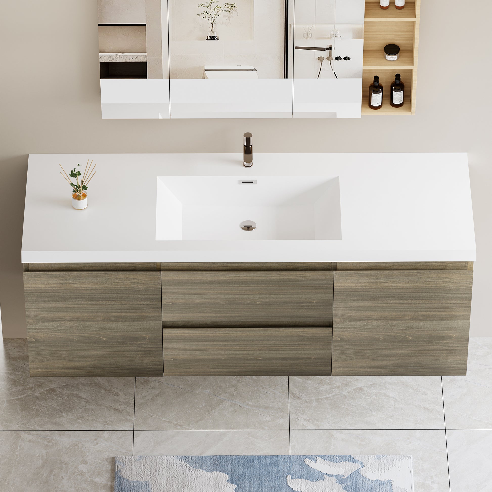 60" Floating Bathroom Vanity with Sink, Modern Wall 2-grey-2-bathroom-wall mounted-melamine