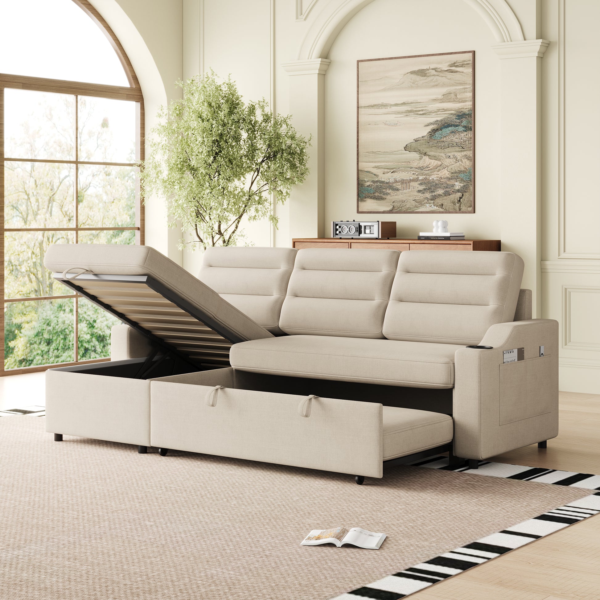 Mh83.5" Convertible Sleeper Combo Sofa, Convertible Sofa Bed Polyester Pullout Bed With Storage Recliner And Cup Holder For Living Room, Tight Spaces Beige Polyester Wood Primary Living Space Pine Foam Fabric 3 Seat