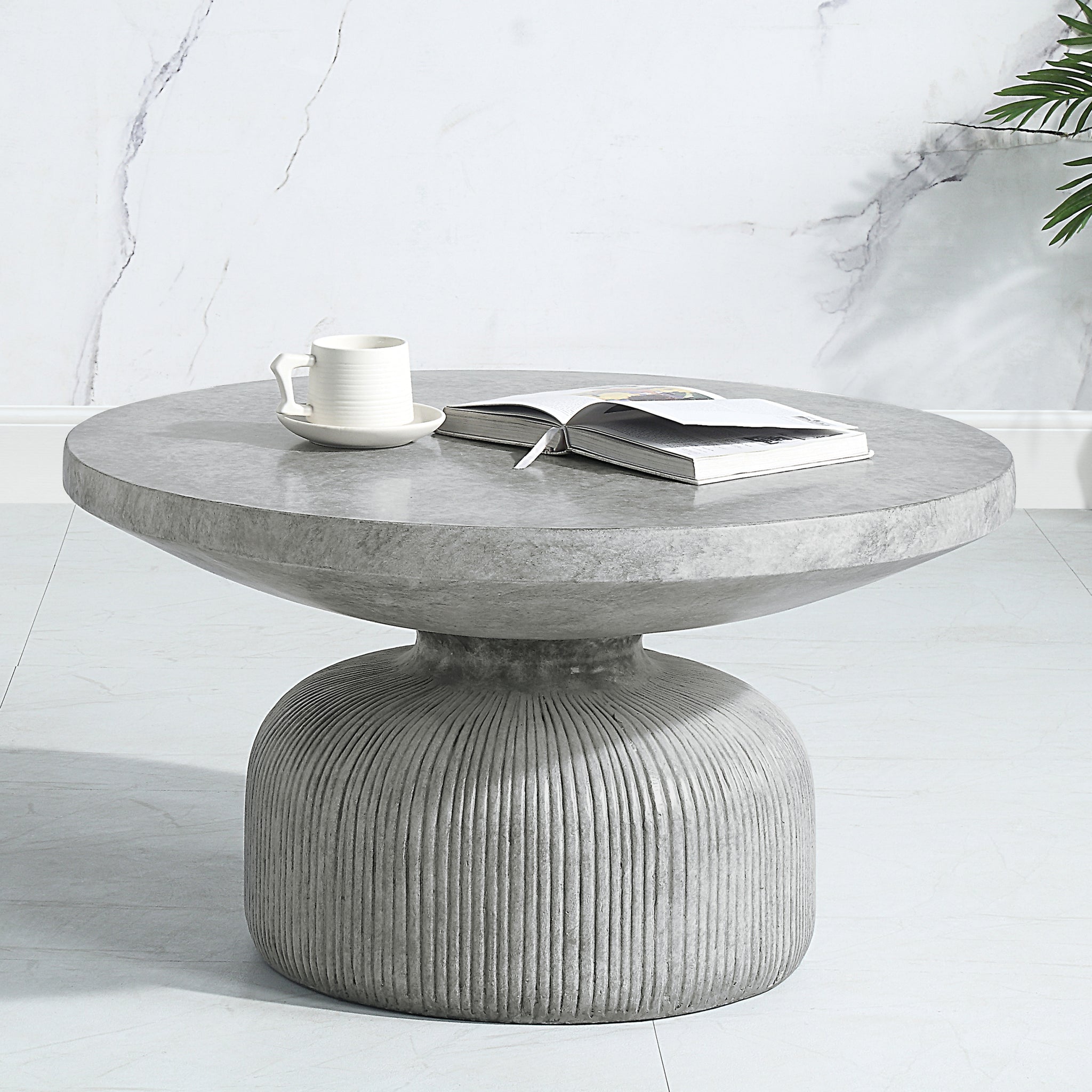 Weathered Grey Coffee Table With Round Top And Pedestal Base Grey Primary Living Space Round Cement Pedestal