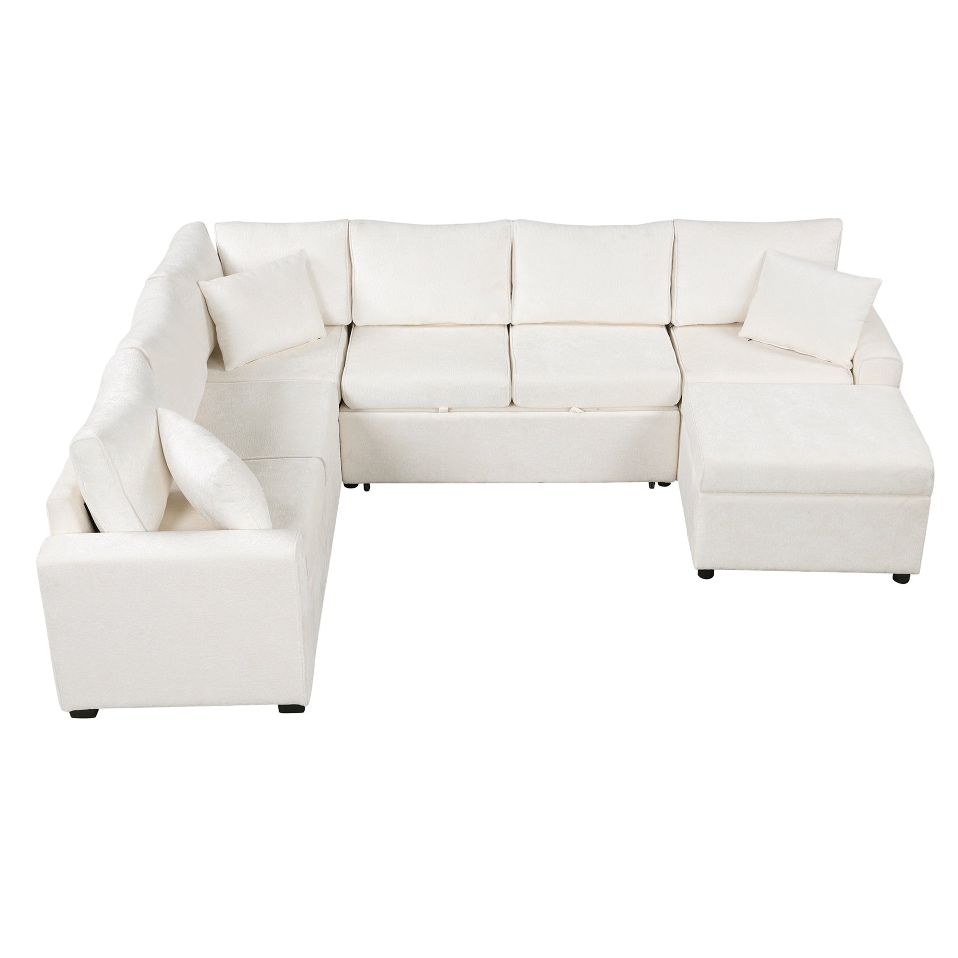 112.2" Sectional Sofa Pull Out Sofa Bed Sleeper With A Storage Ottoman,Three Pillows And Charging Devices For Living Room, Cream Cream Foam Chenille 6 Seat