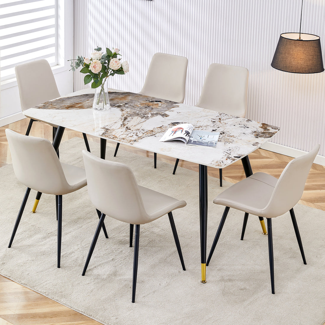 Table And Chair Set,Imitation Marble Texture Rock Board Table Top, Black Metal Table Legs, Stable And Beautiful. Modern Simple Dining Table, Comfortable Seating. White Gray Seats 6 Metal