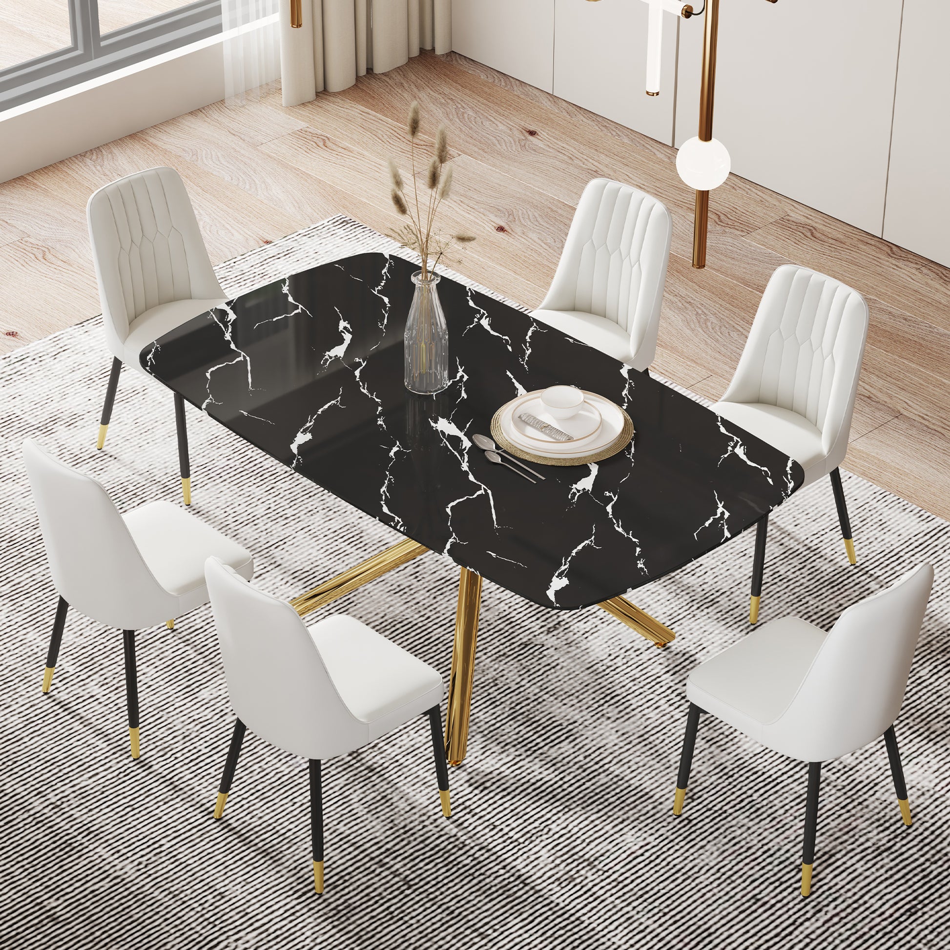 Large Modern Minimalist Rectangular Dining Table With 0.39 "Imitation Marble Black Tabletop And Golden Metal Legs, For Kitchen Dining Living Meeting Room Banquet Hall 1537 Black Glass