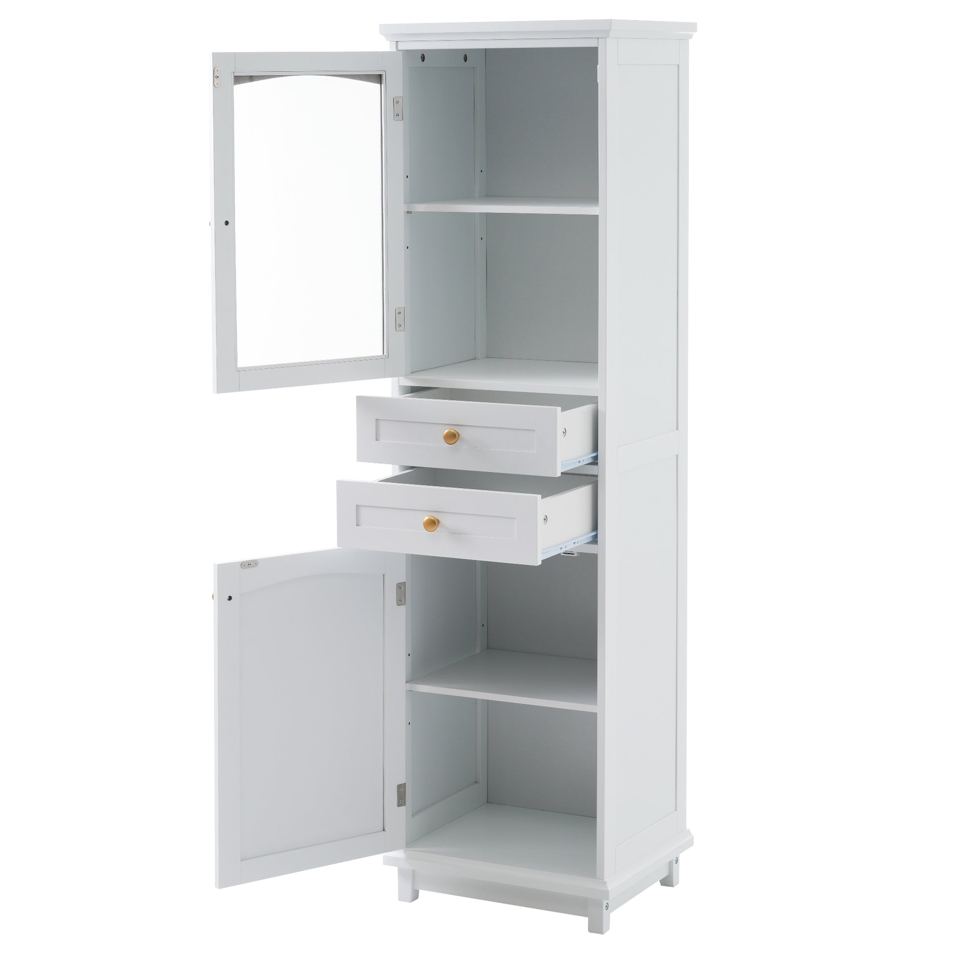 Tall Bathroom Storage Cabinet With Glass Doors, Free Standing, Two Drawers, And Adjustable Shelves, Mdf Board, Painted White Perfect For Displaying Your Favorite Items 2 White 2 4 Adjustable Shelves Bathroom Freestanding Partice Board Mdf Pine Wood