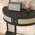 Unique Half Moon Design End Table With Rattan Door,Elegant Semicircle Sofa Side Table With 2 Rattan Storage Cabinet And Bottom Shelf For Living Room, Bedroom Black Primary Living Space Boho Freestanding Semicircular Drawers Coffee & End Tables Polished