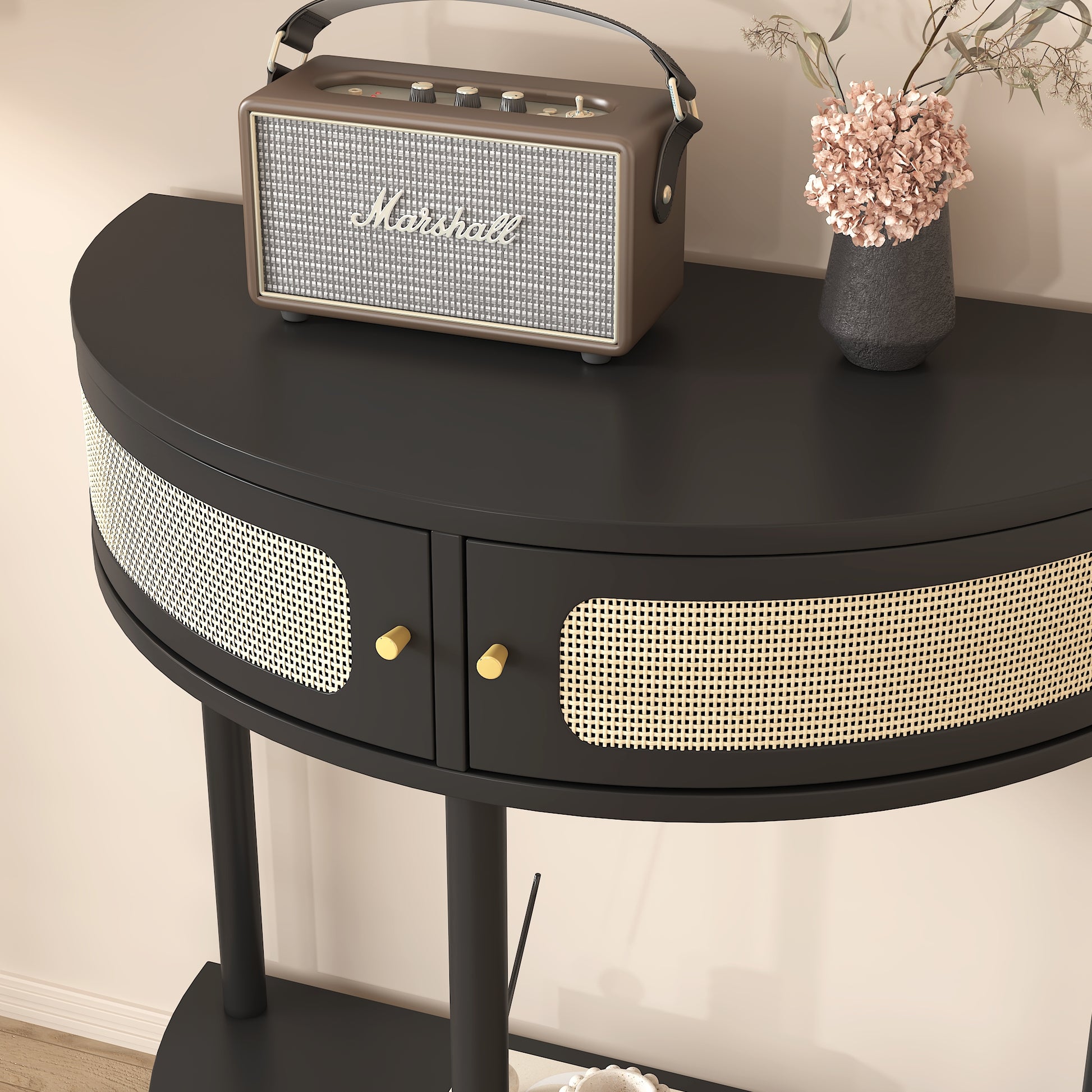 Unique Half Moon Design End Table With Rattan Door,Elegant Semicircle Sofa Side Table With 2 Rattan Storage Cabinet And Bottom Shelf For Living Room, Bedroom Black Primary Living Space Boho Freestanding Semicircular Drawers Coffee & End Tables Polished