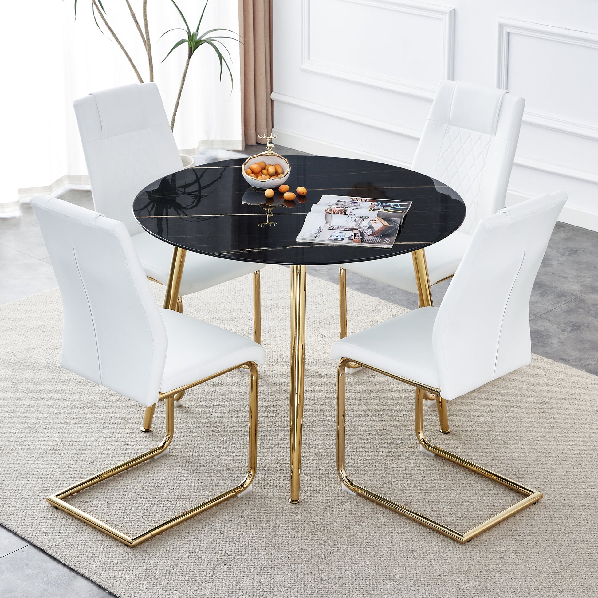 1 Table And 4 Chairs, A Modern Minimalist Circular Dining Table With A 40 Inch Black Imitation Marble Tabletop And Gold Plated Metal Legs, And 4 Modern Gold Plated Metal Leg Chairs. Black Gold Seats 4 Glass