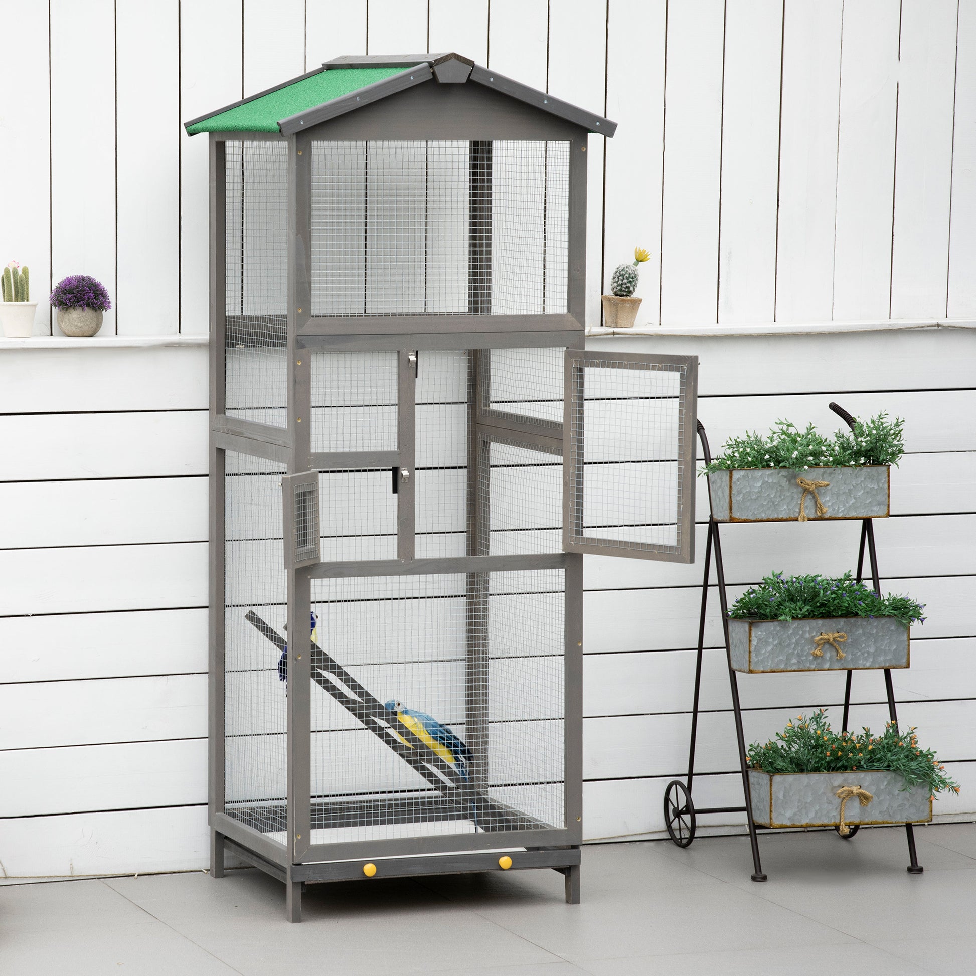 Pawhut 65" Wooden Bird Cage Outdoor Aviary House For Parrot, Parakeet, With Pull Out Tray And 2 Doors, Grey Gray Wood