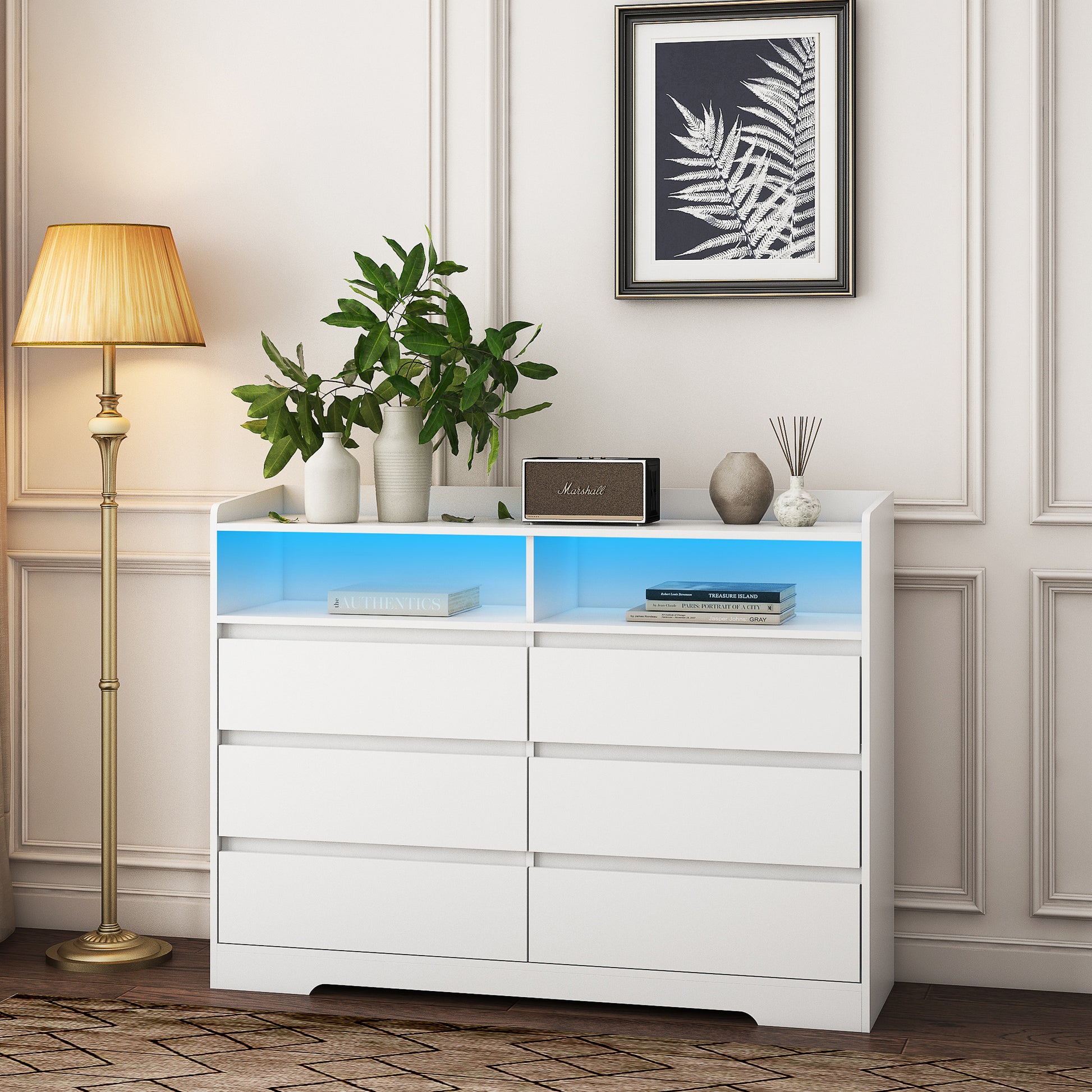 6 Drawer Dresser, White Dresser For Bedroom With Led Lights, Modern Dressers & Chests Of Drawers With Sturdy Frame For Living Room, Entryway, Hallway White Mdf